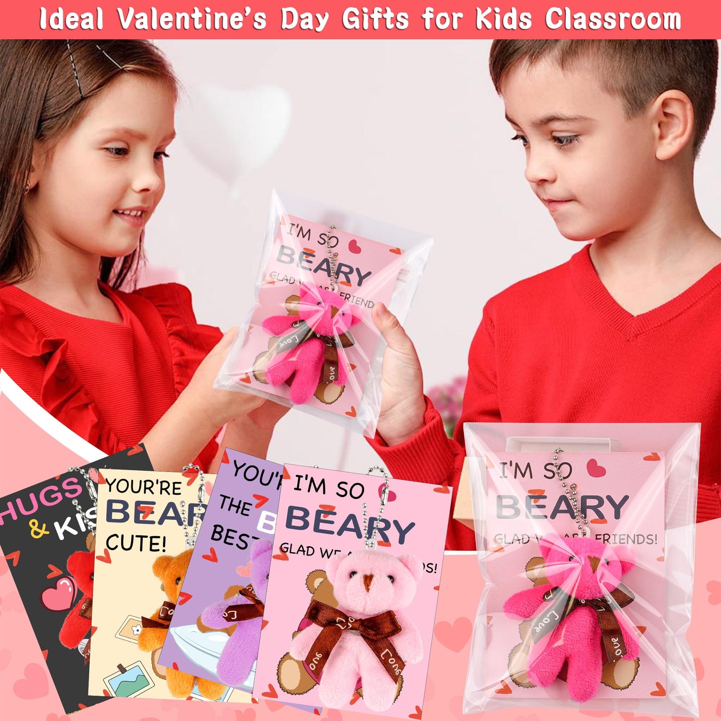 Grastfu 28-Pack Valentines Day Gifts for Kids — Plush Bear Toys & Cards
