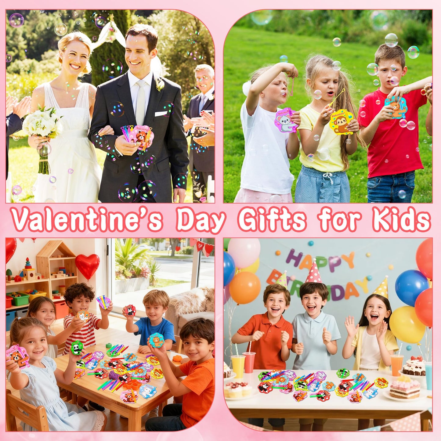 Grastfu 32-Pack Valentines Day Mini Bubble Wands with Animal Cards – Classroom Party Favors