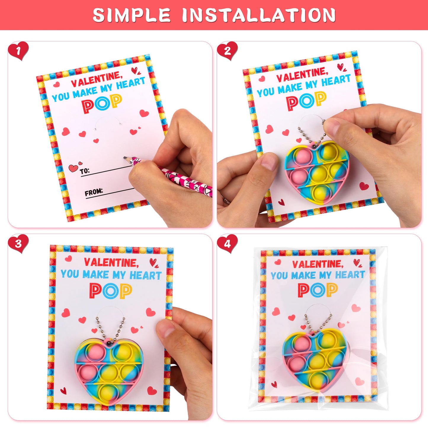 Grastfu 24-Pack Valentines Day Gifts for Kids: Cards & Mini Pop Heart Keychains