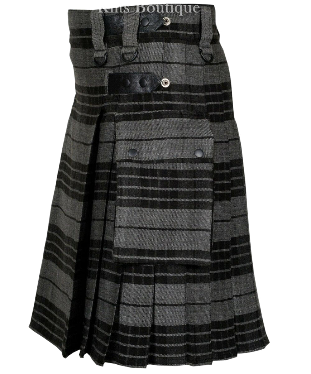 Gray Watch Tartan Scottish Men Utility Modern Kilt 2 side Cargo Pockets Length 24"