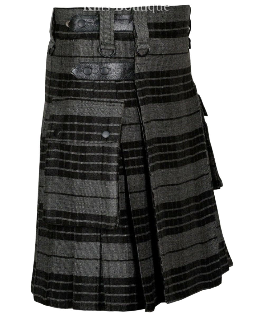 Gray Watch Tartan Scottish Men Utility Modern Kilt 2 side Cargo Pockets Length 24"