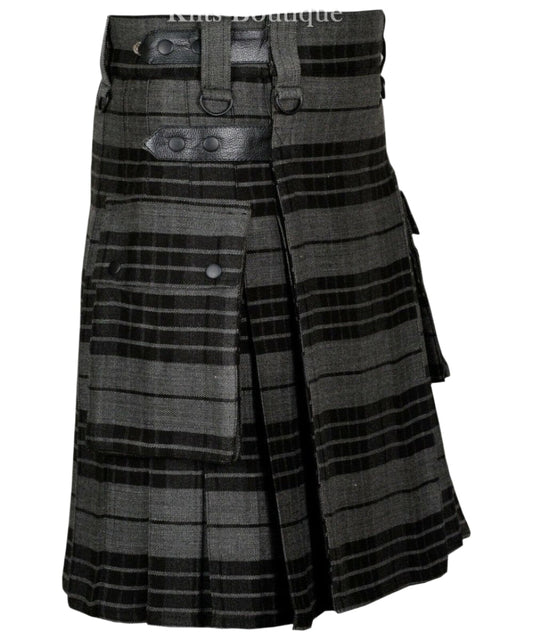 Gray Watch Tartan Scottish Men Utility Modern Kilt 2 side Cargo Pockets Length 24"