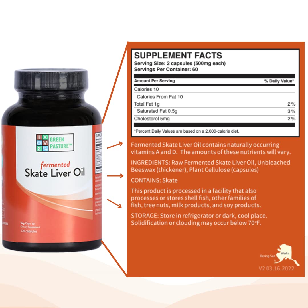 Green Pasture Fermented Skate Liver Oil - 120 Capsules | Vitamins A & D, Omega Fats