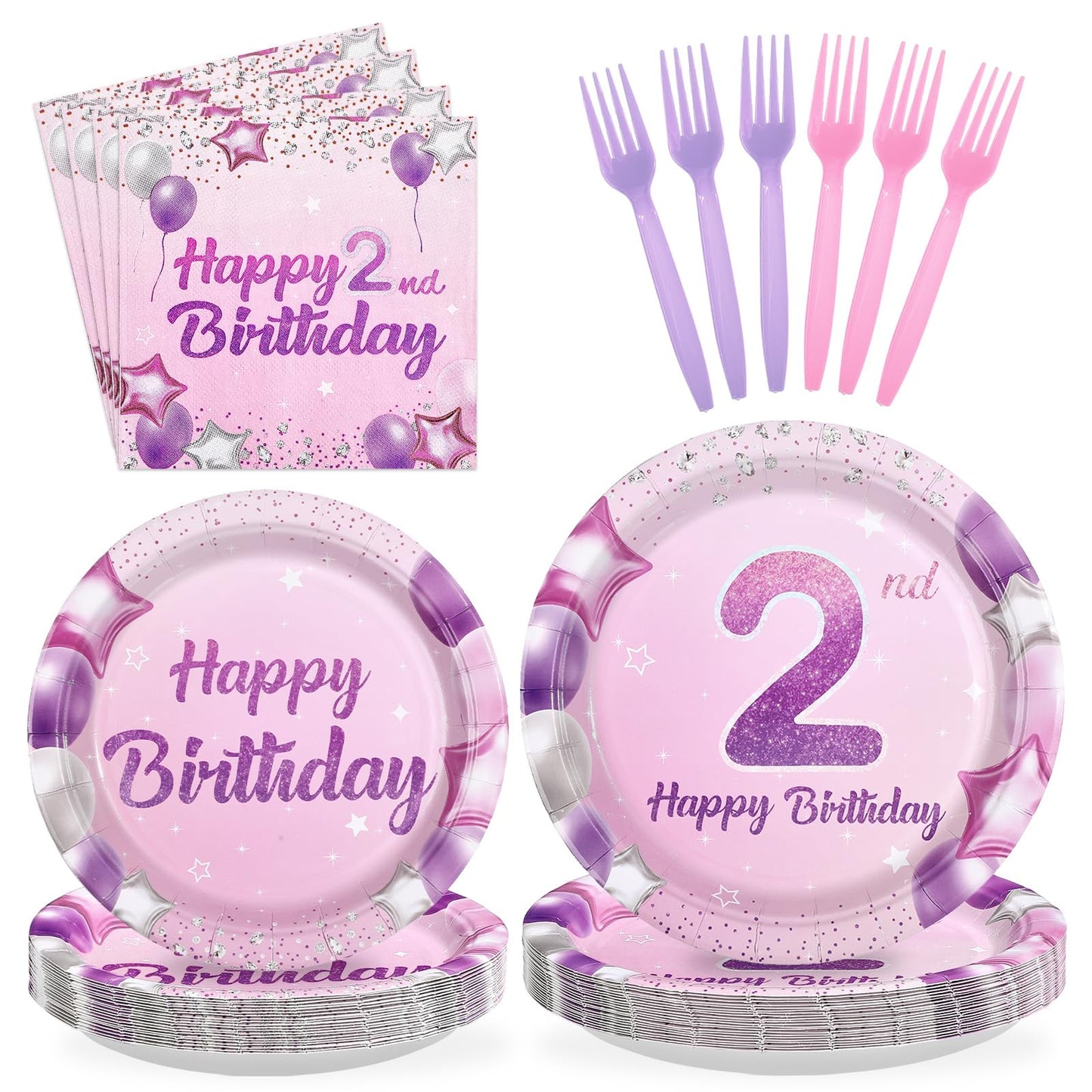 Greencian 96Pcs Pink Purple 2nd Birthday Tableware Set for 24 | Plates, Napkins & Forks
