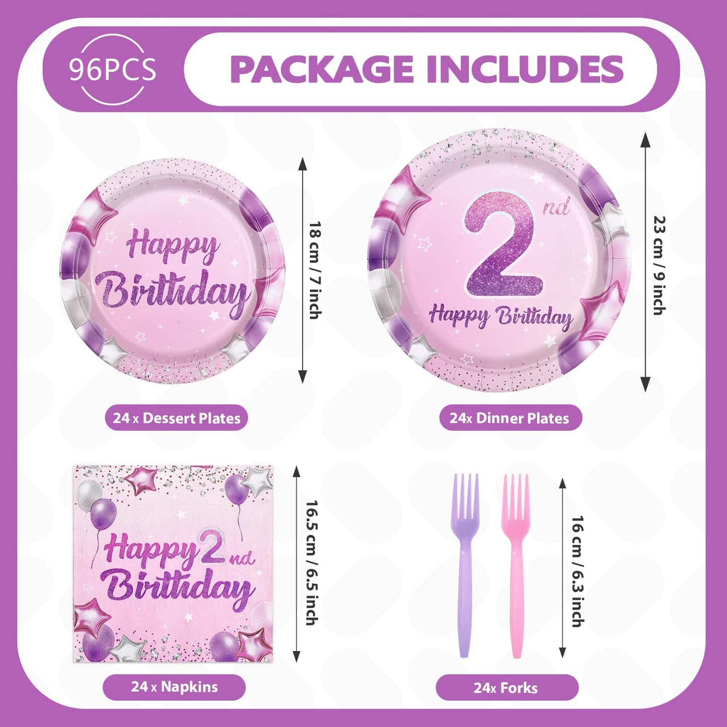 Greencian 96Pcs Pink Purple 2nd Birthday Tableware Set for 24 | Plates, Napkins & Forks