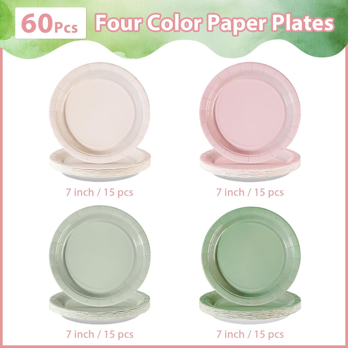 Greencian 60-Pack Pink & Sage Green 7-Inch Disposable Plates – Boho Bridal Shower & Baby Shower