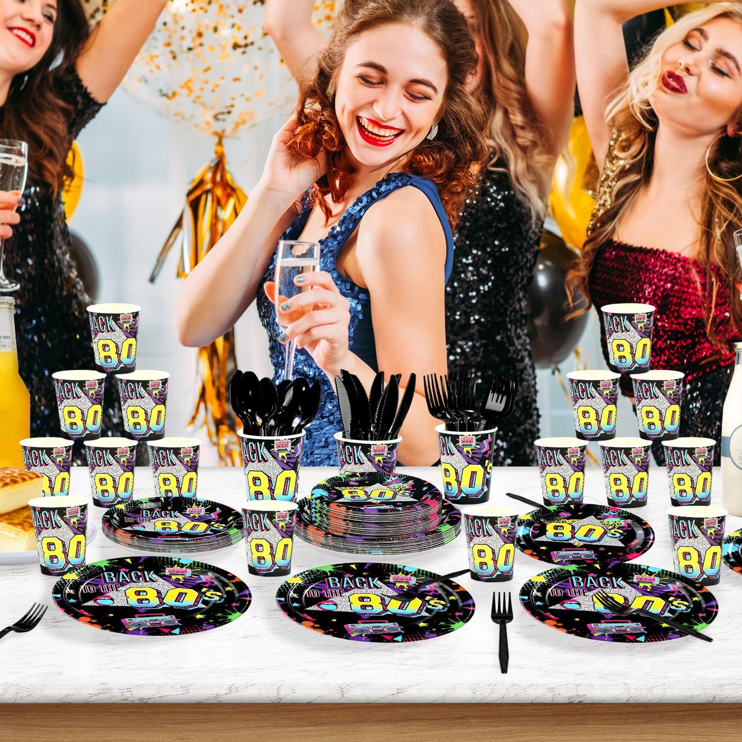 Greencian 168 Pcs 80s Party Dinnerware Set – Back to The 80s Plates, Napkins, Cups & Cutlery for 24