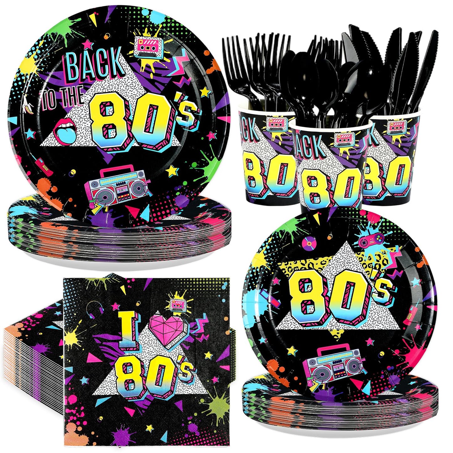 Greencian 168 Pcs 80s Party Dinnerware Set – Back to The 80s Plates, Napkins, Cups & Cutlery for 24