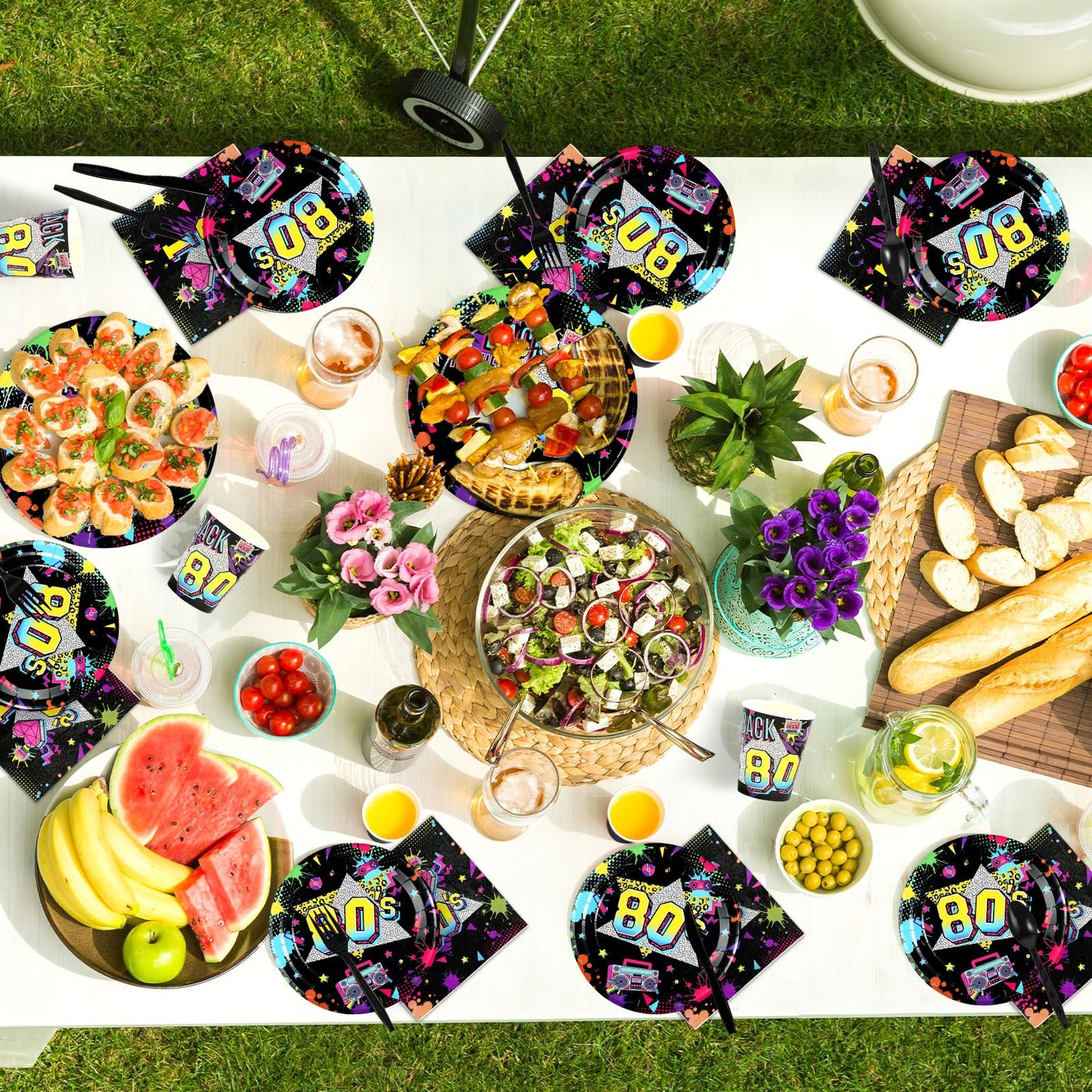 Greencian 168 Pcs 80s Party Dinnerware Set – Back to The 80s Plates, Napkins, Cups & Cutlery for 24