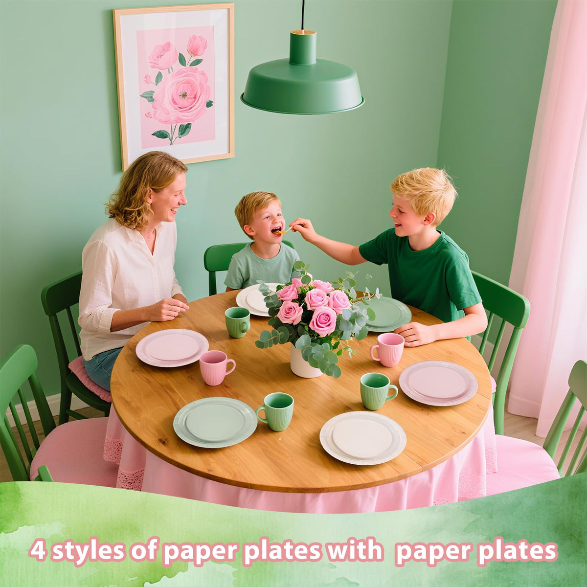 Greencian 60-Pack Pink & Sage Green 7-Inch Disposable Plates – Boho Bridal Shower & Baby Shower