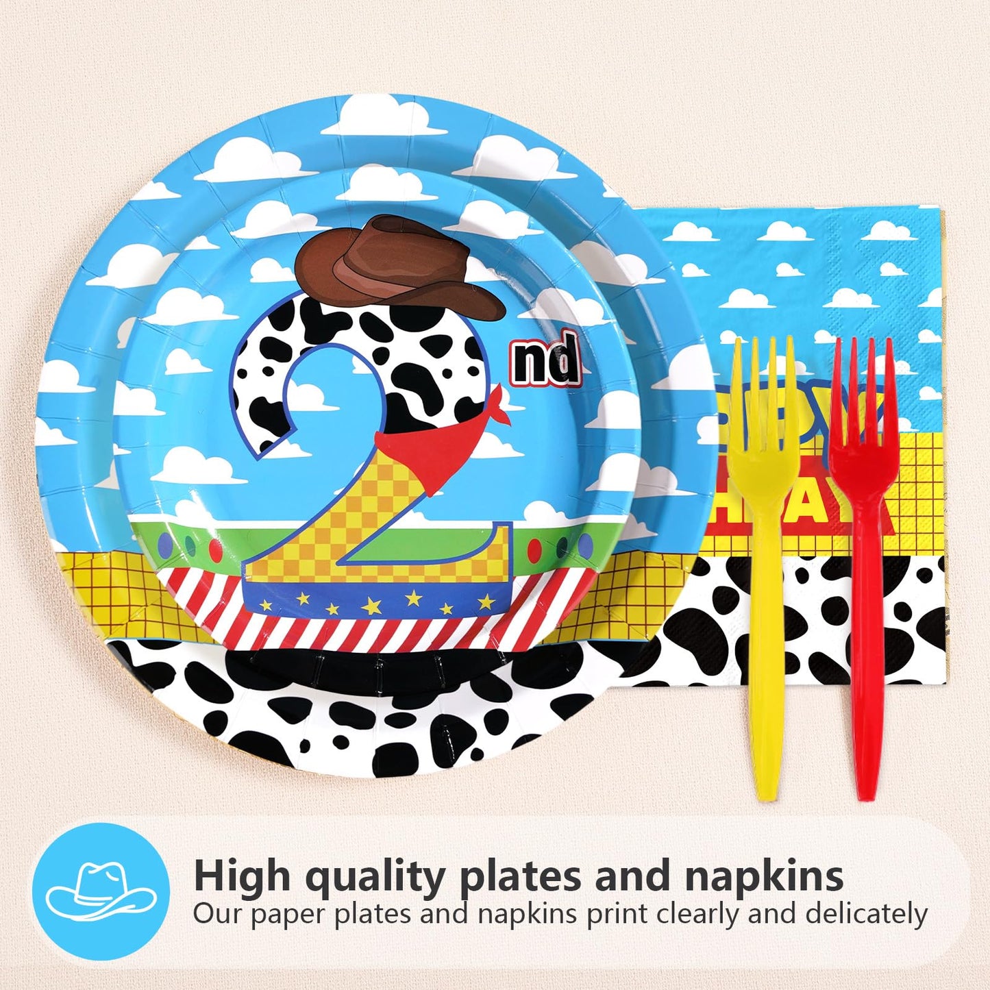 Greencian 96 Pcs Toy Cartoon Story 2nd Birthday Party Supplies — Plates & Napkins (Serves 24)