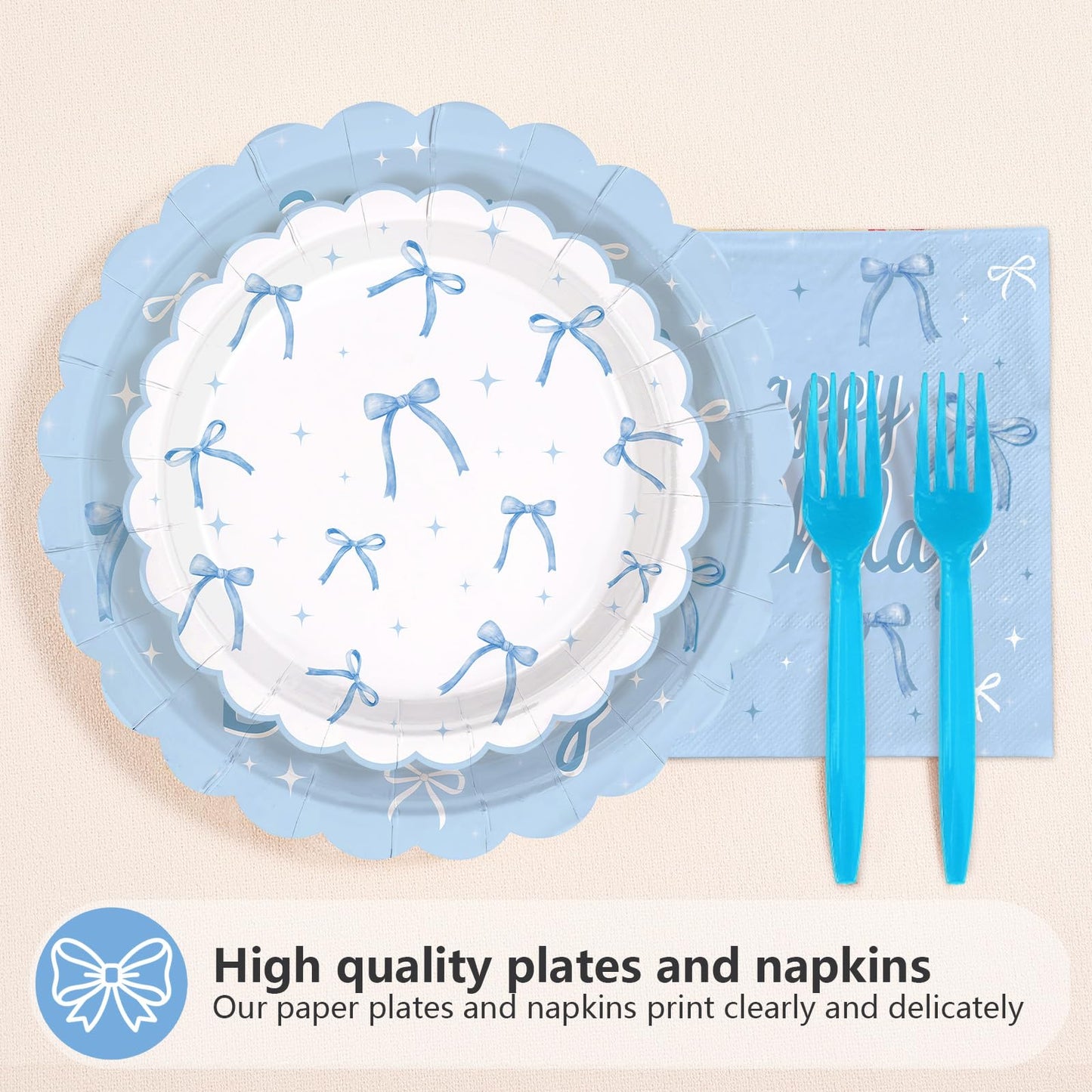 Greencian Blue Bow 96Pcs 16th Birthday Party Supplies – Plates, Napkins & Forks (Serves 24)