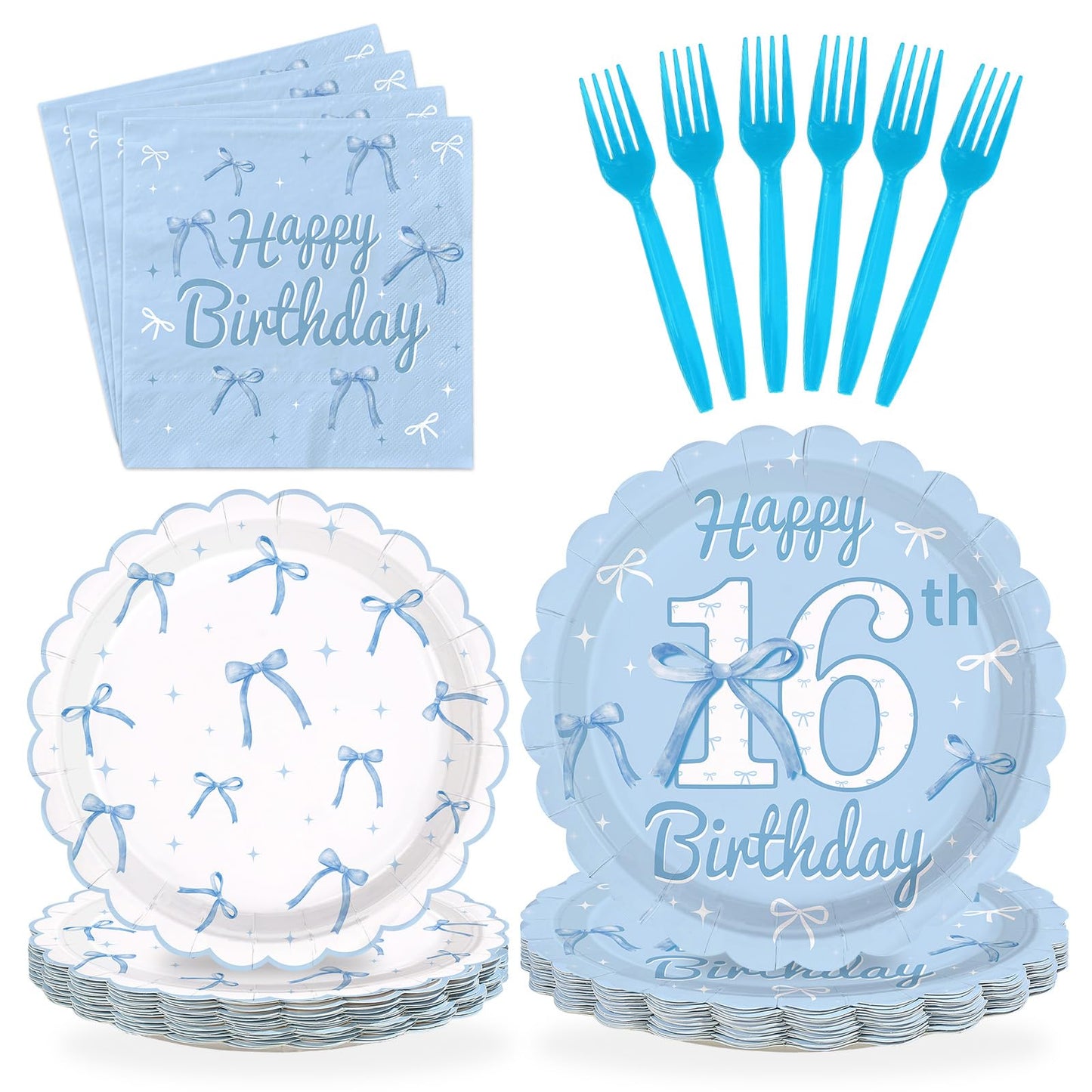 Greencian Blue Bow 96Pcs 16th Birthday Party Supplies – Plates, Napkins & Forks (Serves 24)