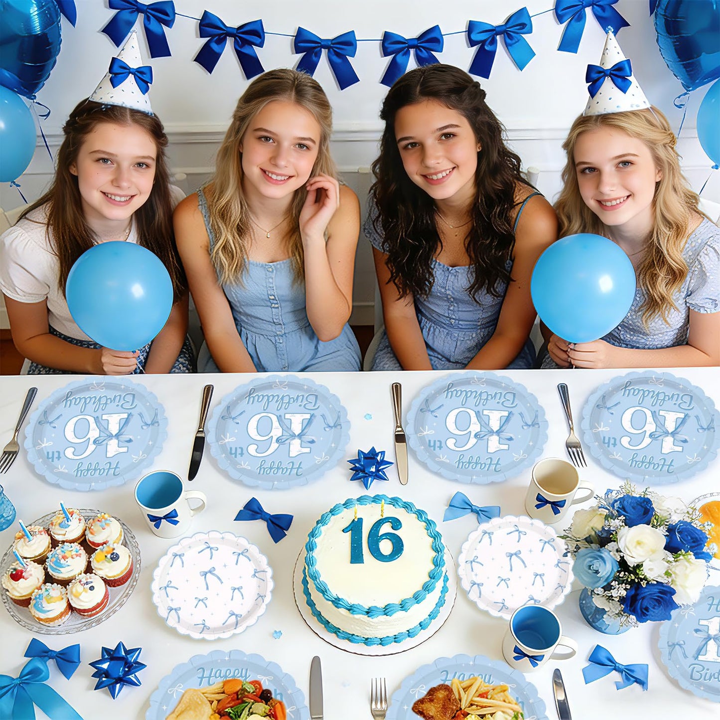 Greencian Blue Bow 96Pcs 16th Birthday Party Supplies – Plates, Napkins & Forks (Serves 24)