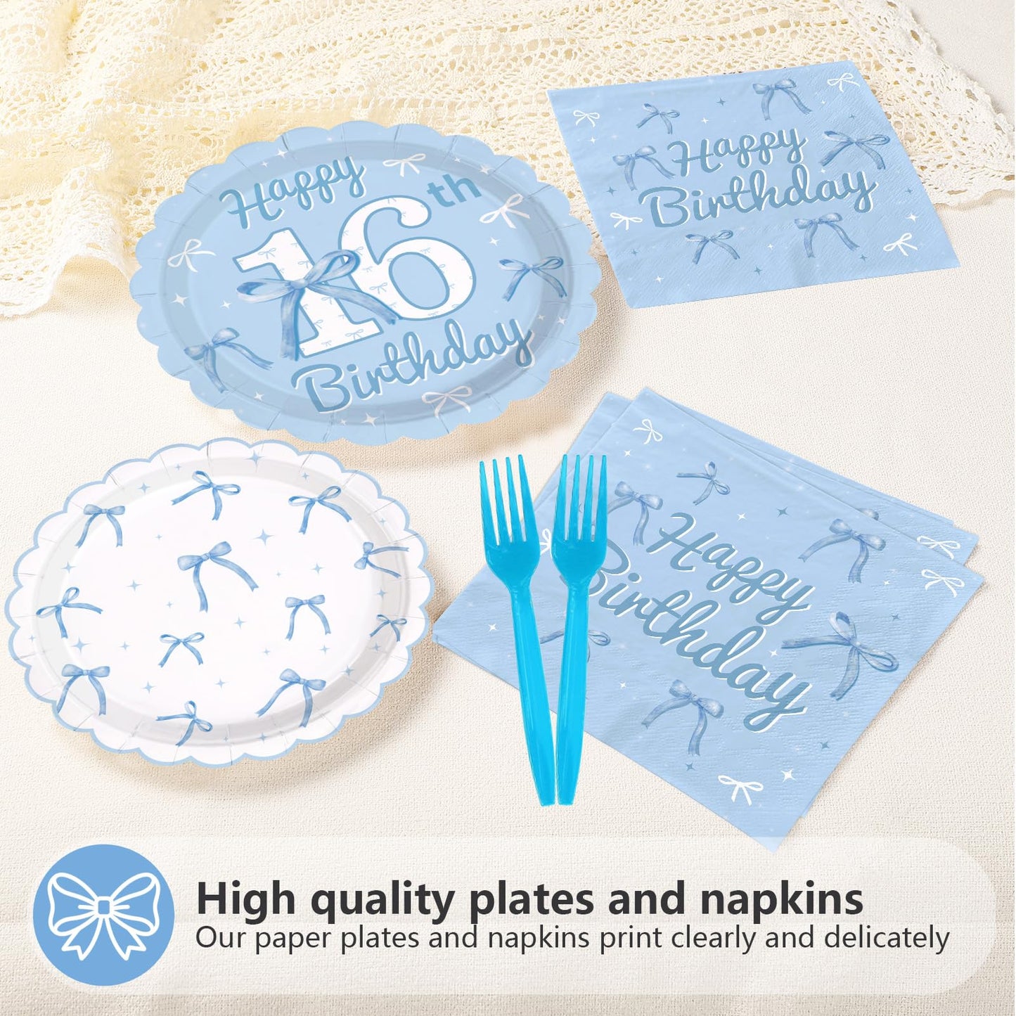 Greencian Blue Bow 96Pcs 16th Birthday Party Supplies – Plates, Napkins & Forks (Serves 24)