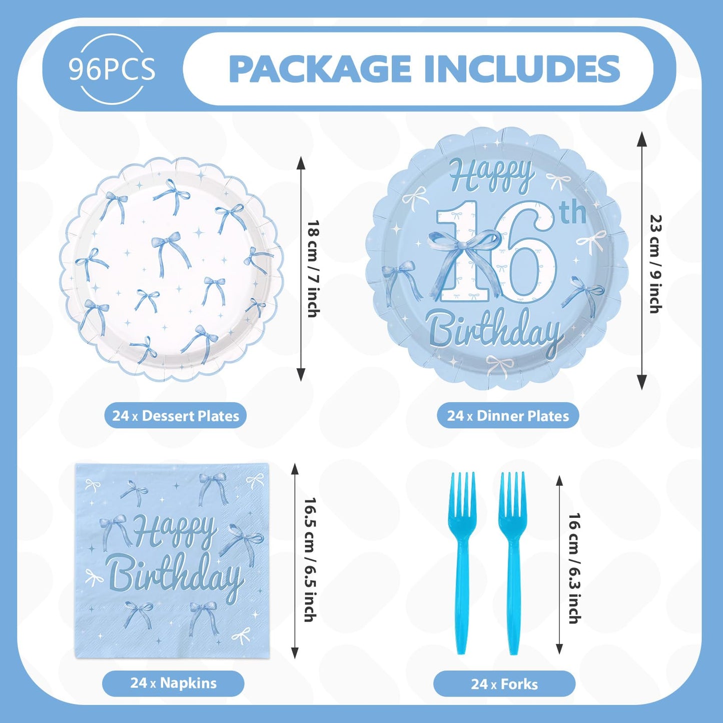 Greencian Blue Bow 96Pcs 16th Birthday Party Supplies – Plates, Napkins & Forks (Serves 24)