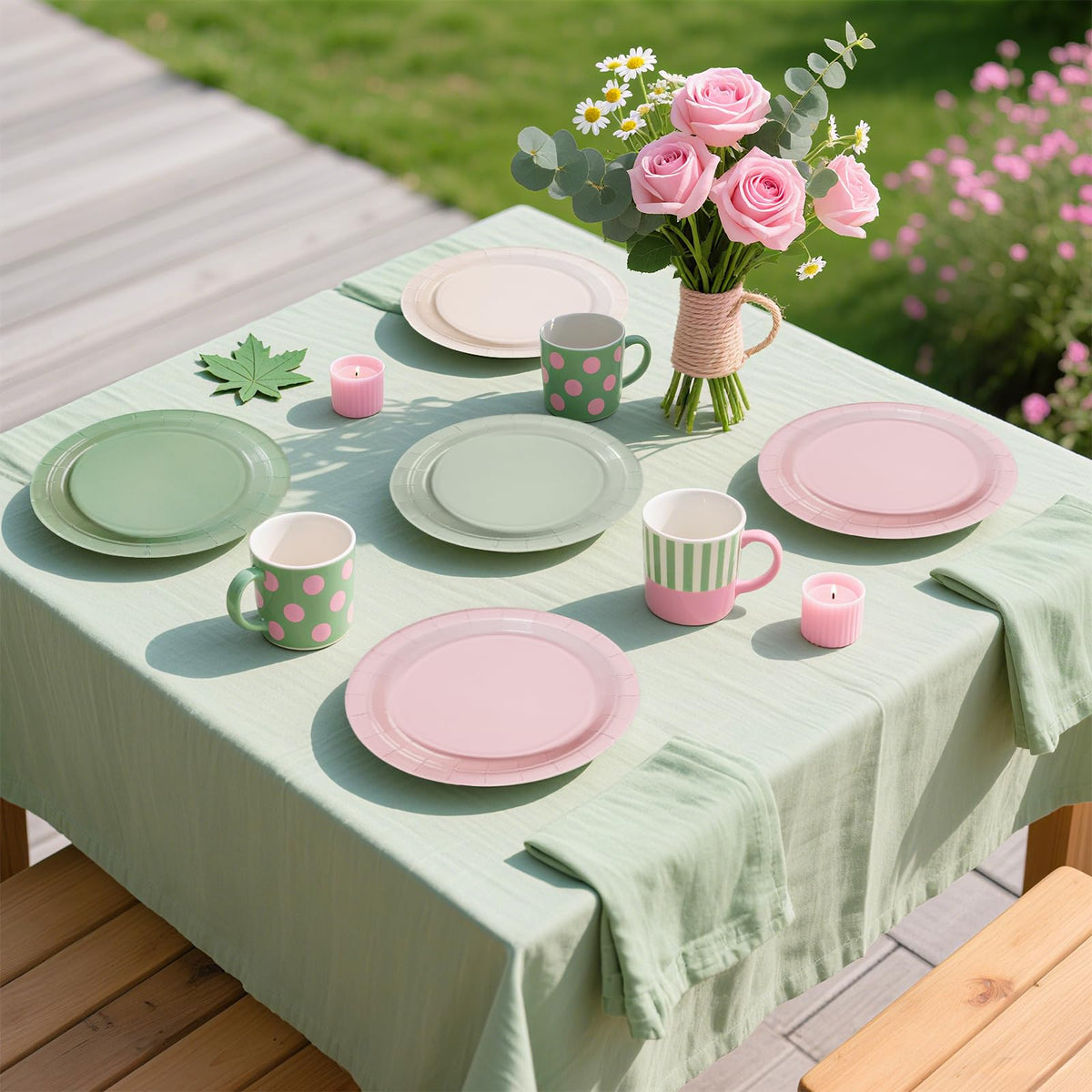 Greencian 60-Pack Pink & Sage Green 7-Inch Disposable Plates – Boho Bridal Shower & Baby Shower