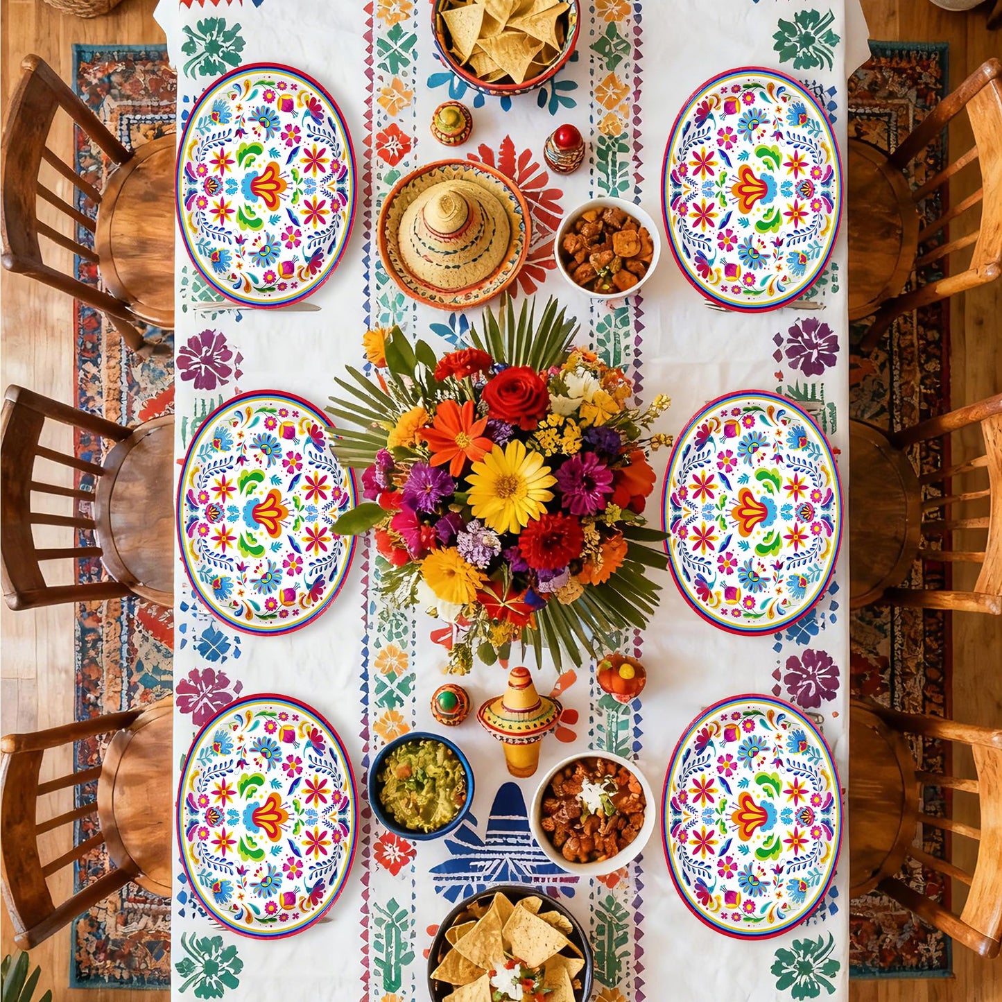 Greencian 50Pcs Mexican Fiesta Oval Plates – 10x12 Heavy-Duty Disposable Dinnerware with Mandala Floral Design