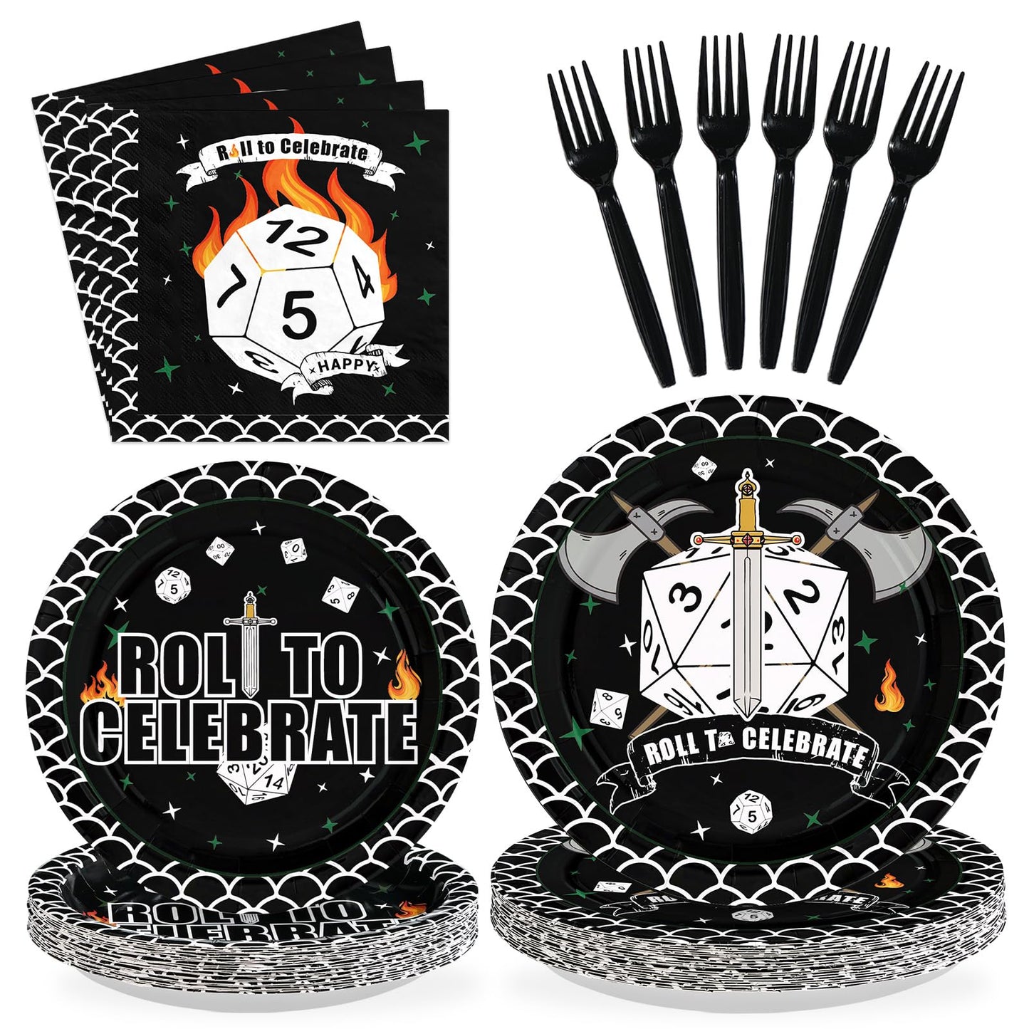 Greencian 96Pcs D20 Dice Party Plates & Napkins Set – RPG Themed Tableware for 24