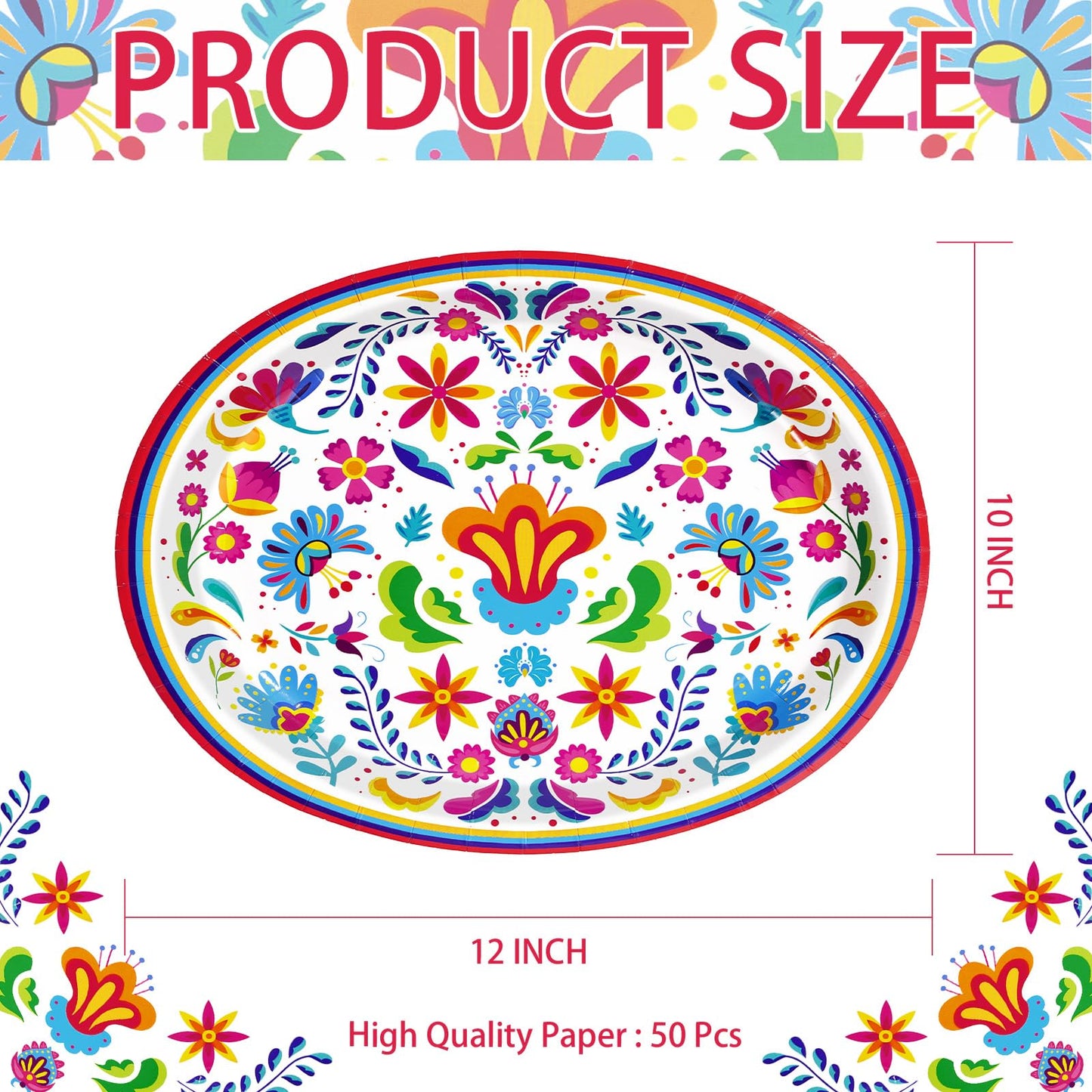 Greencian 50Pcs Mexican Fiesta Oval Plates – 10x12 Heavy-Duty Disposable Dinnerware with Mandala Floral Design