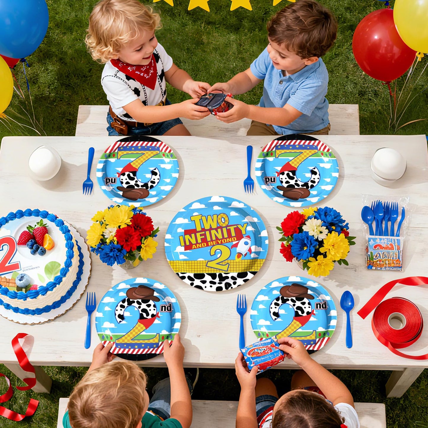 Greencian 96 Pcs Toy Cartoon Story 2nd Birthday Party Supplies — Plates & Napkins (Serves 24)