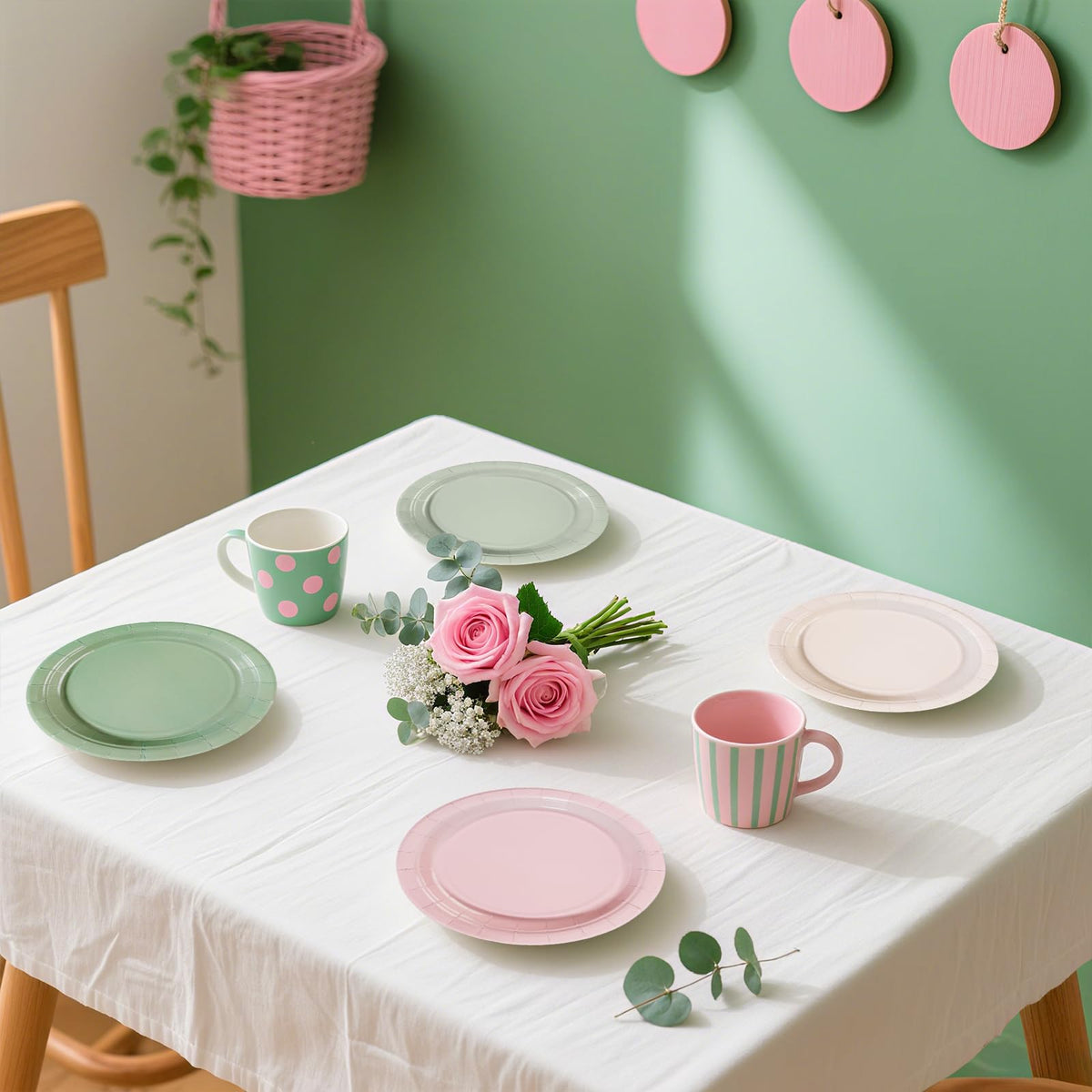 Greencian 60-Pack Pink & Sage Green 7-Inch Disposable Plates – Boho Bridal Shower & Baby Shower
