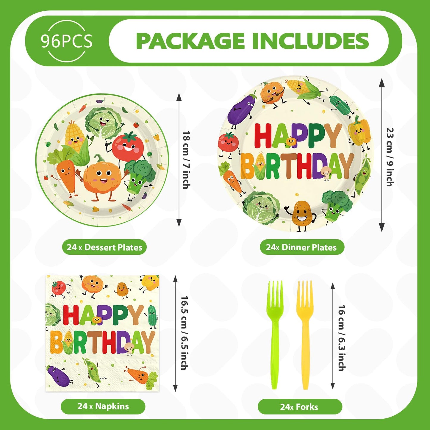 Greencian 96Pcs Vegetable Birthday Party Supplies – Serves 24, Garden Theme Tableware