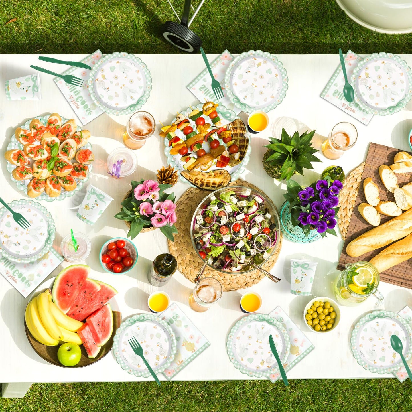 Greencian 168 Pcs Silly Goose Baby Shower Tableware Set – Serves 24, Green Gingham Duck Theme