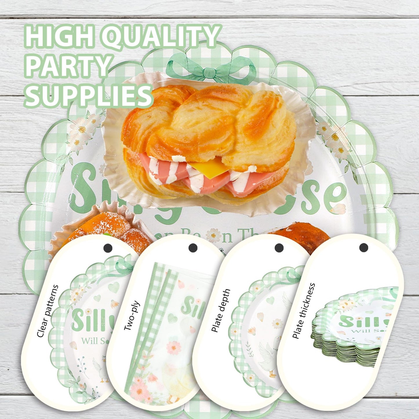 Greencian 168 Pcs Silly Goose Baby Shower Tableware Set – Serves 24, Green Gingham Duck Theme