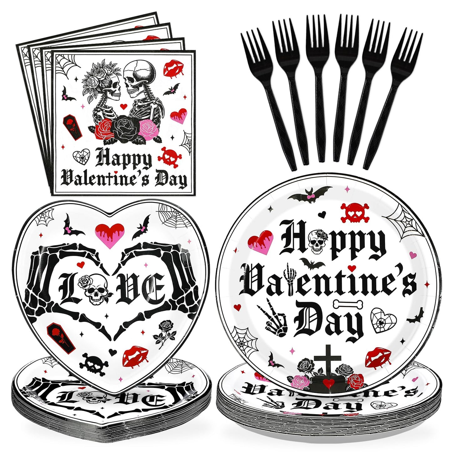 Greencian Gothic Valentine Tableware Set – 96 Pcs for 24 Guests (Plates, Napkins & Forks)