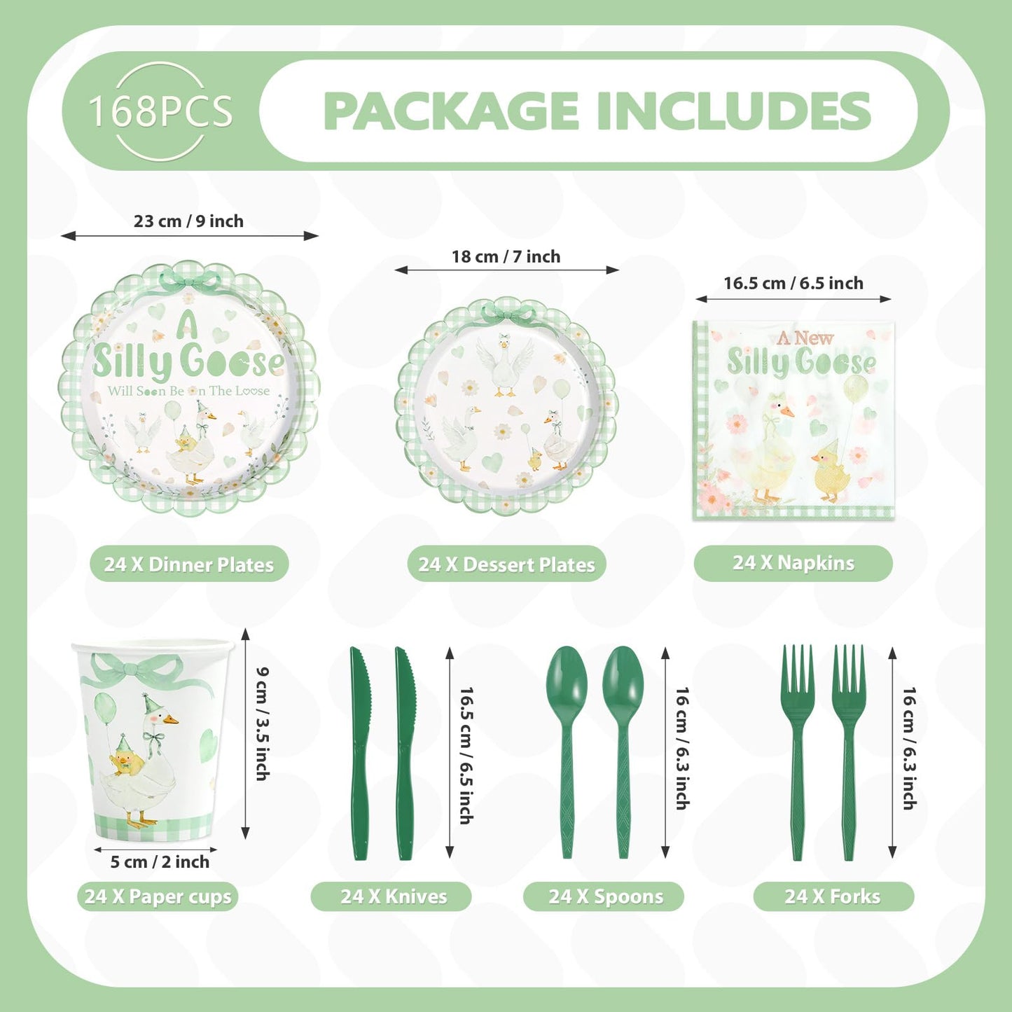 Greencian 168 Pcs Silly Goose Baby Shower Tableware Set – Serves 24, Green Gingham Duck Theme