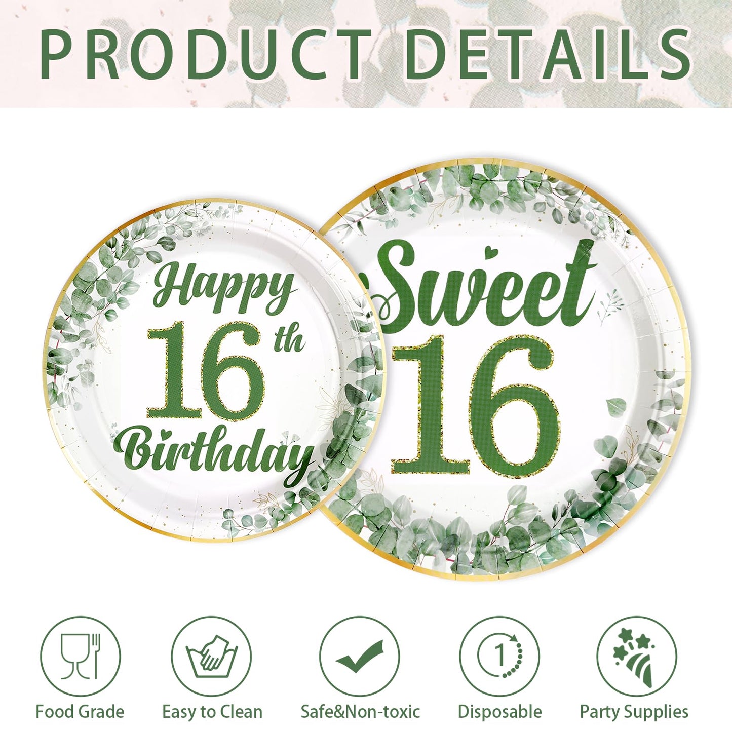 Greencian 250 Pcs Sweet 16 Sage Green Party Tableware Set – Serves 50
