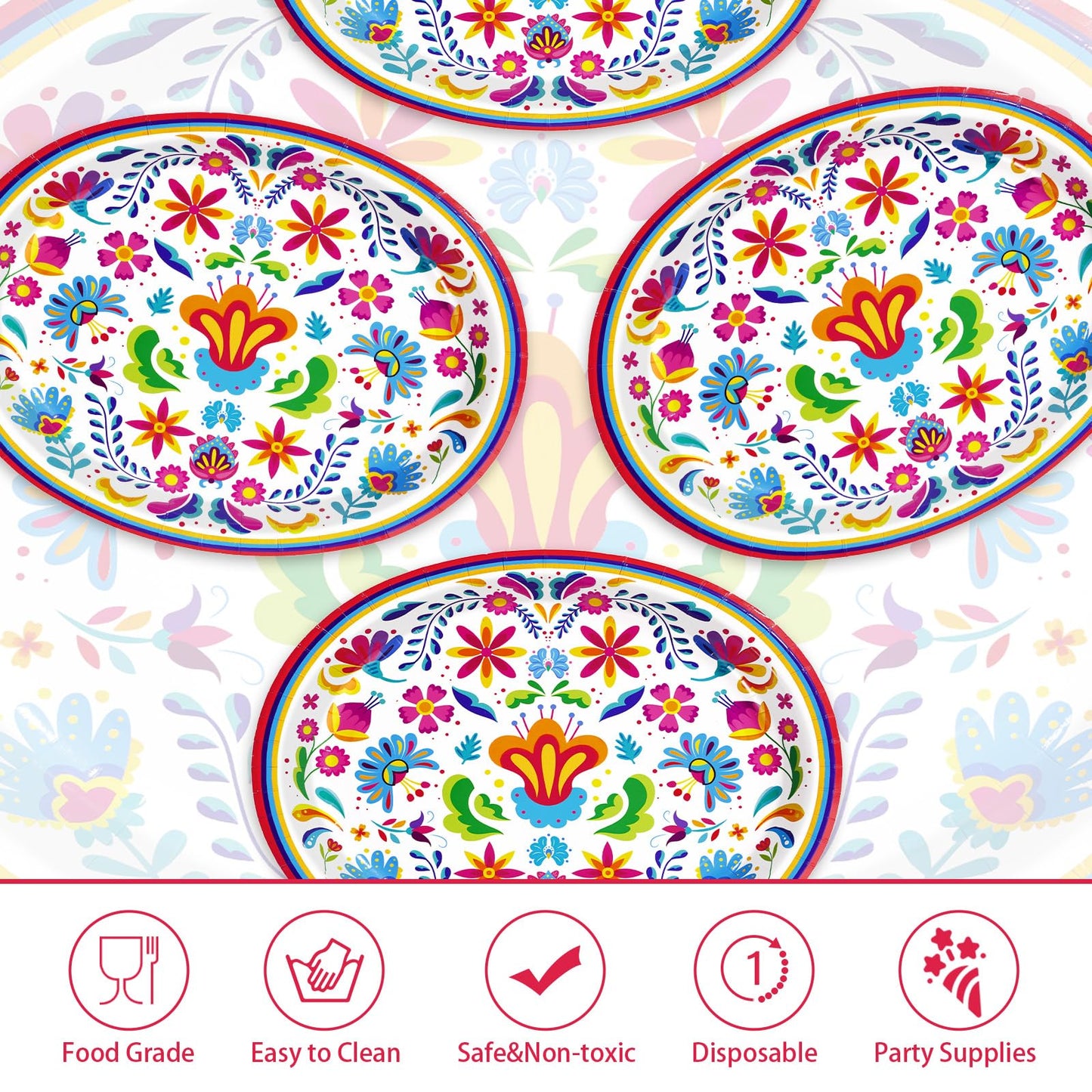 Greencian 50Pcs Mexican Fiesta Oval Plates – 10x12 Heavy-Duty Disposable Dinnerware with Mandala Floral Design