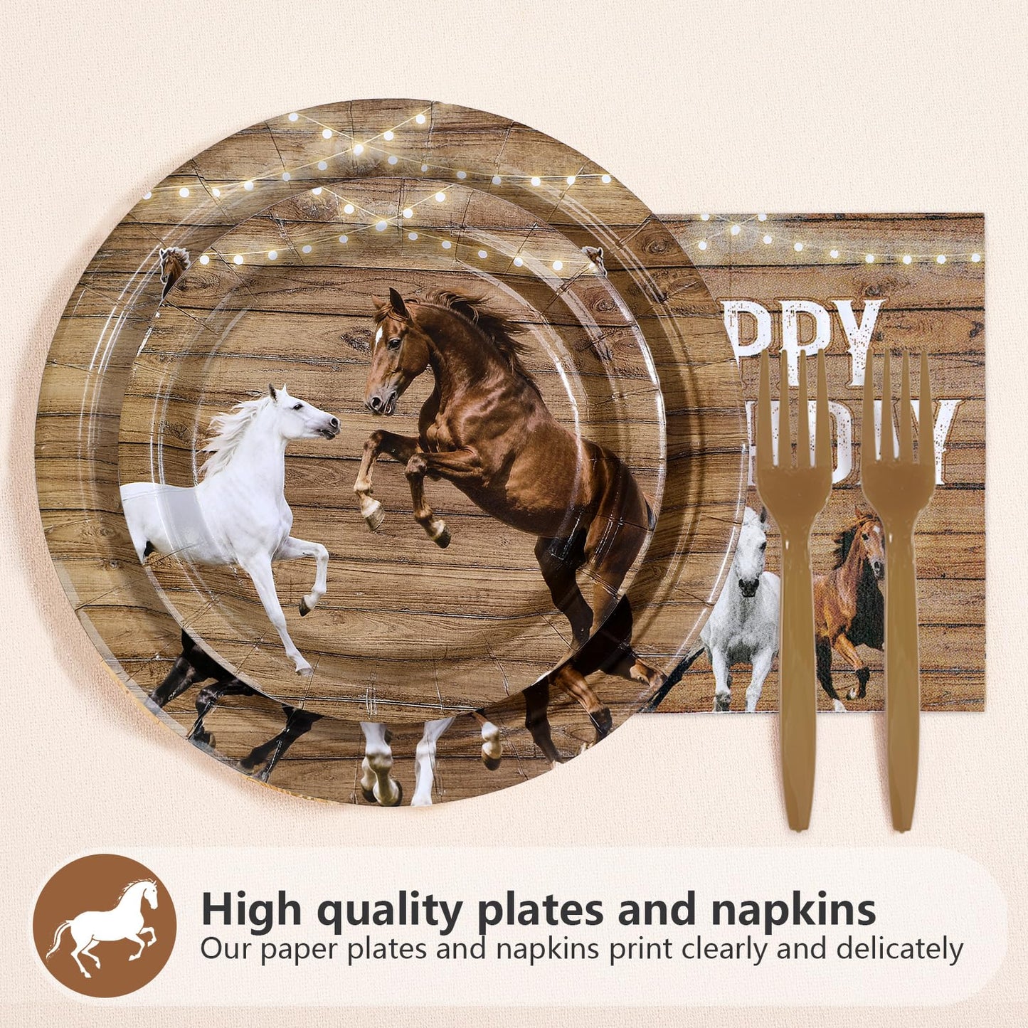 Greencian 96Pcs Horse Birthday Party Supplies – Western Plates, Napkins & Forks (Serves 24)