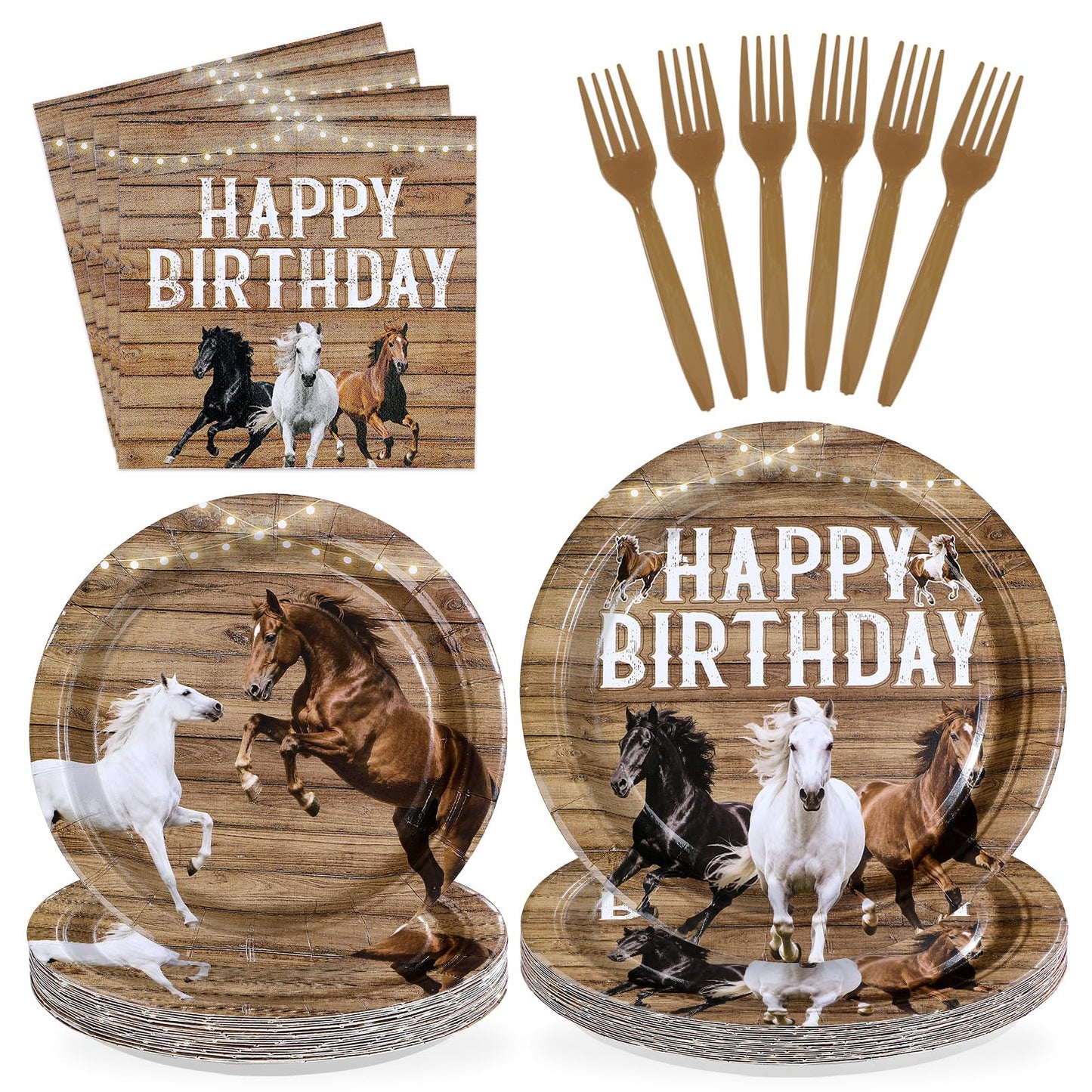 Greencian 96Pcs Horse Birthday Party Supplies – Western Plates, Napkins & Forks (Serves 24)