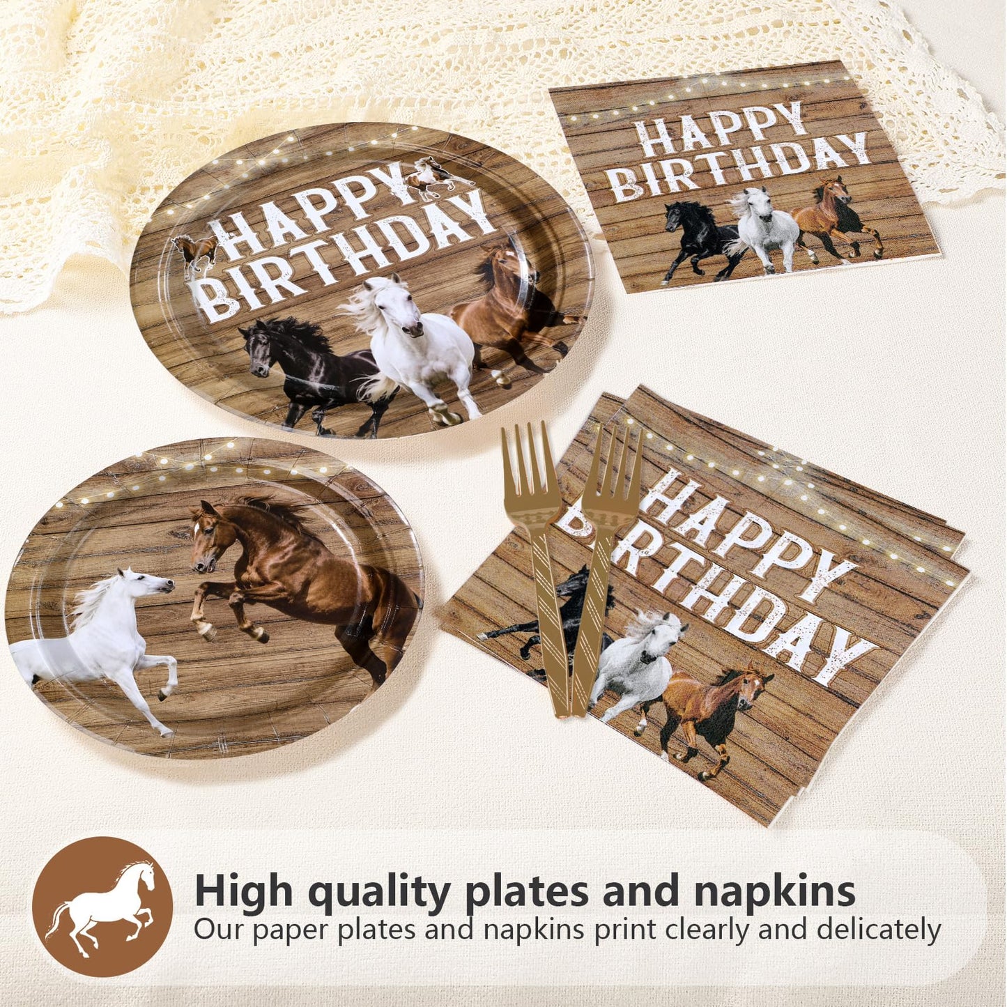 Greencian 96Pcs Horse Birthday Party Supplies – Western Plates, Napkins & Forks (Serves 24)