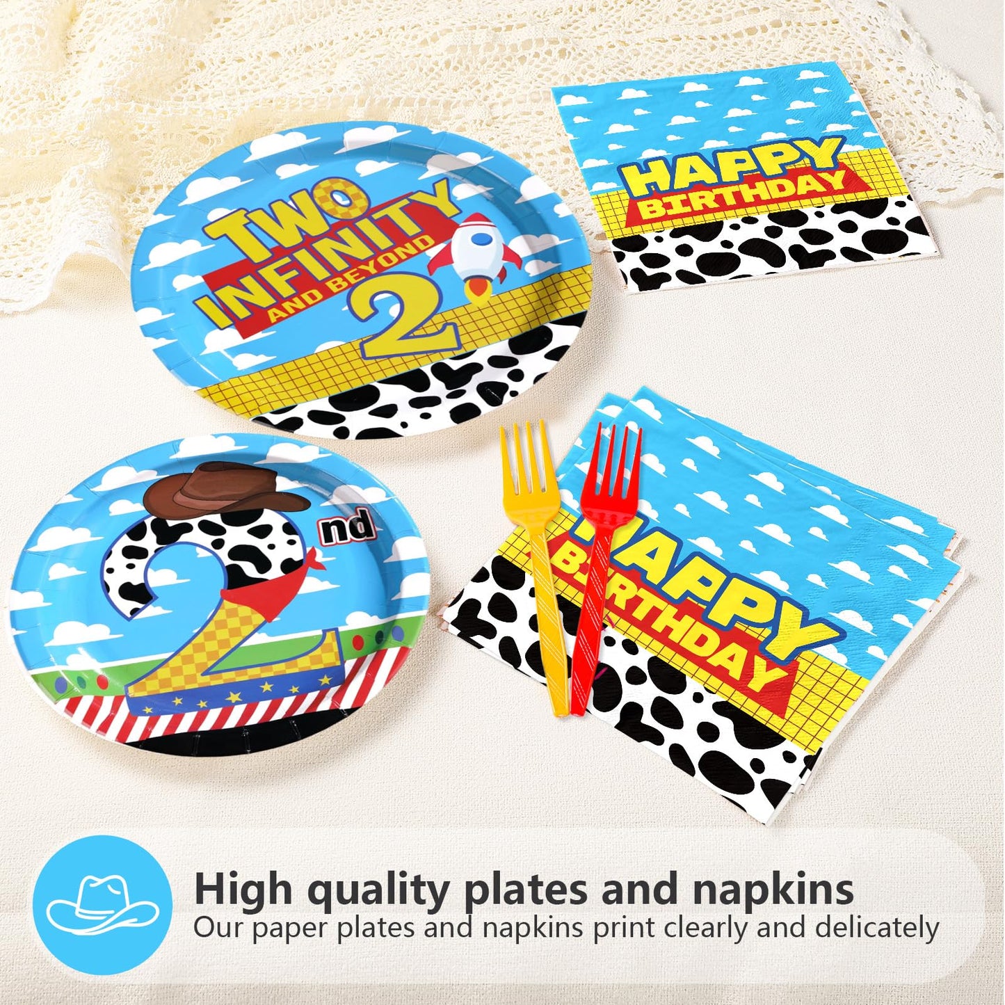 Greencian 96 Pcs Toy Cartoon Story 2nd Birthday Party Supplies — Plates & Napkins (Serves 24)