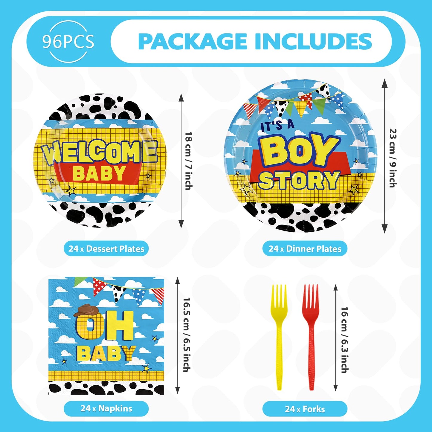 Greencian 98Pcs Toy Cartoon Story Baby Shower Tableware Set – It’s A Boy (Serves 24)