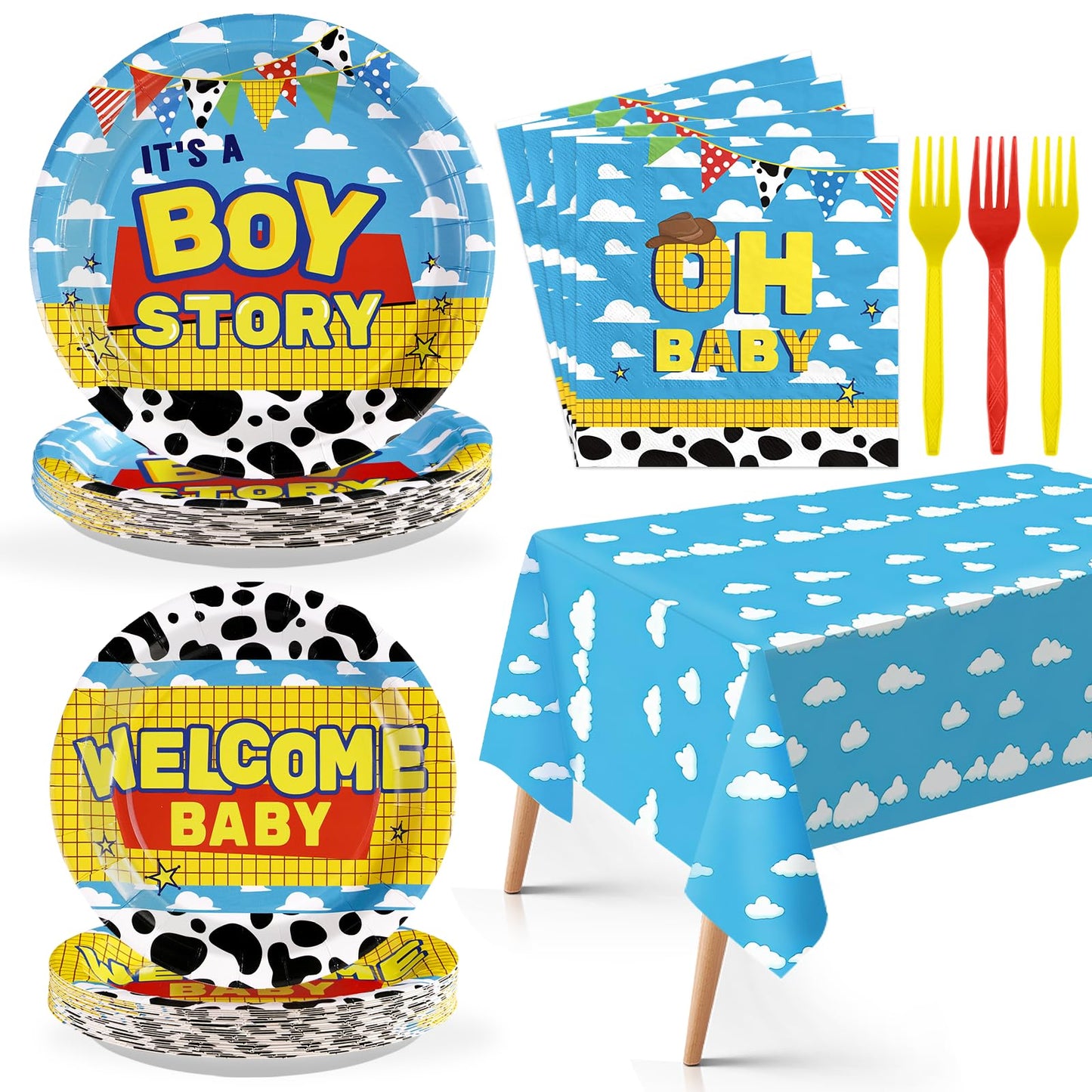Greencian 98Pcs Toy Cartoon Story Baby Shower Tableware Set – It’s A Boy (Serves 24)