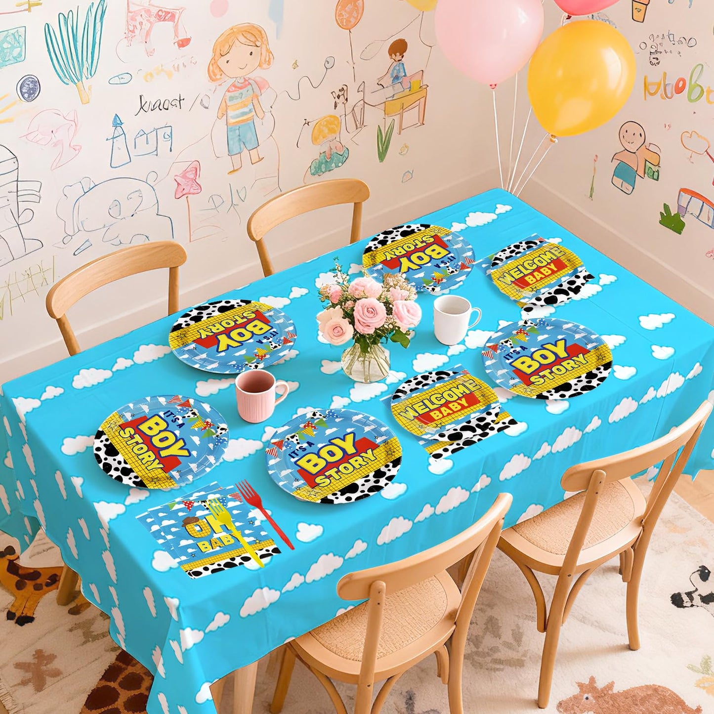Greencian 98Pcs Toy Cartoon Story Baby Shower Tableware Set – It’s A Boy (Serves 24)
