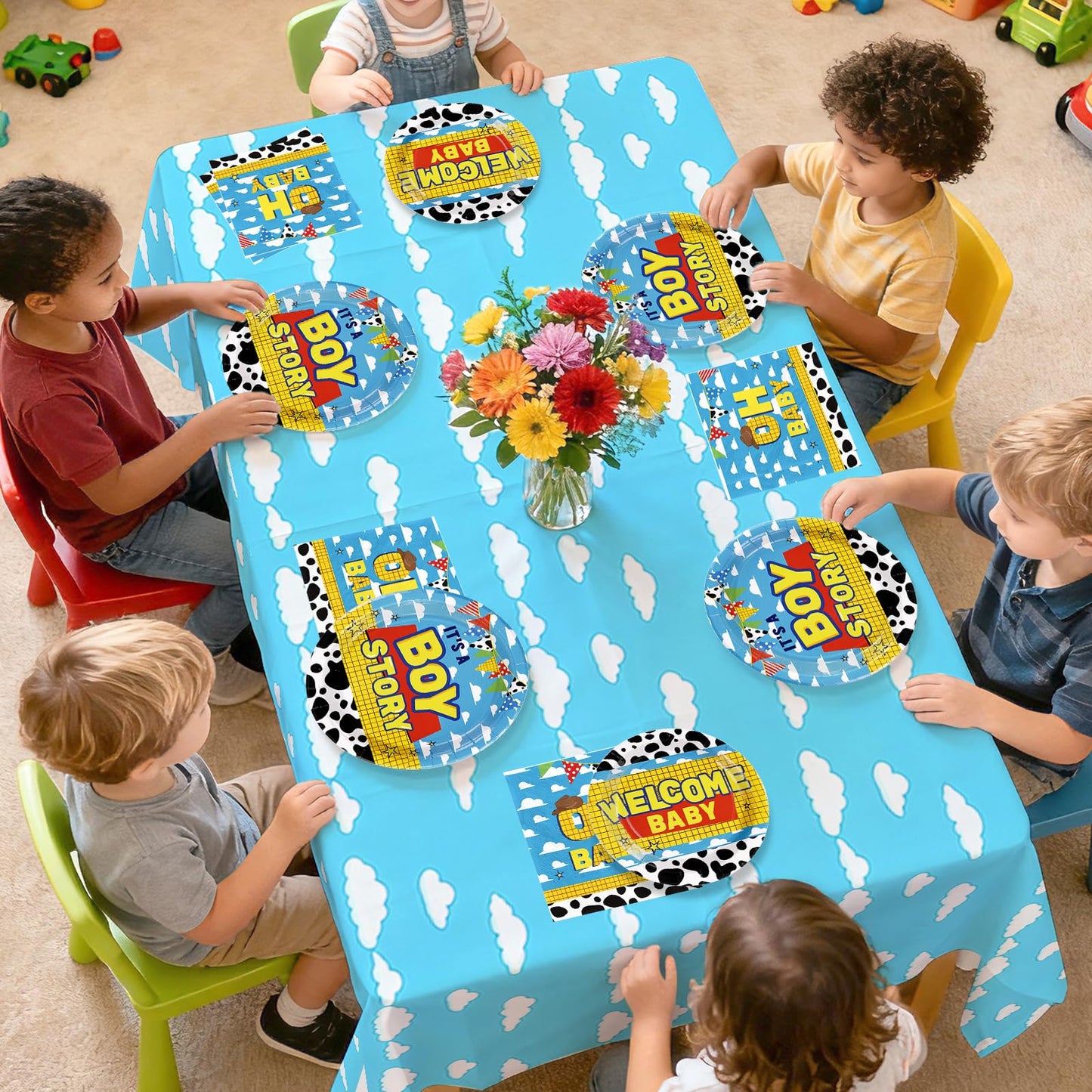 Greencian 98Pcs Toy Cartoon Story Baby Shower Tableware Set – It’s A Boy (Serves 24)