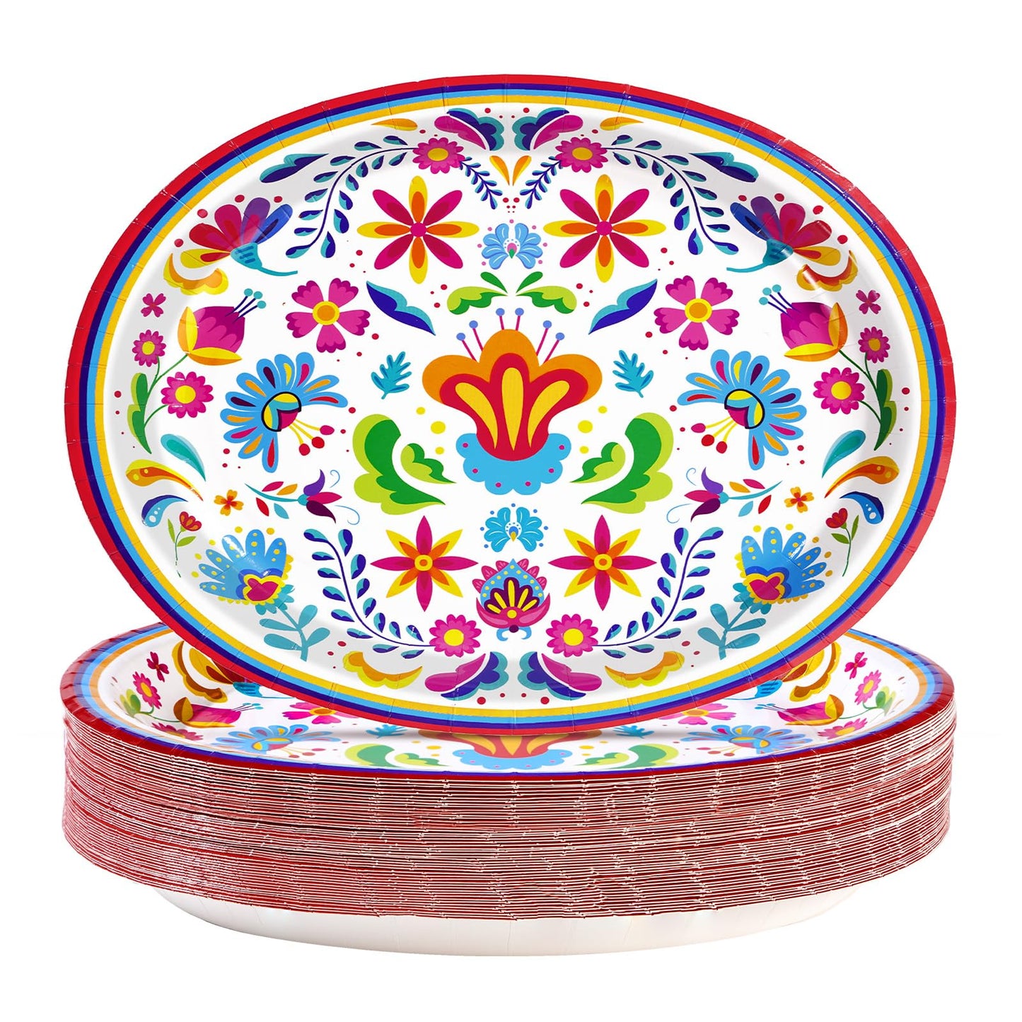Greencian 50Pcs Mexican Fiesta Oval Plates – 10x12 Heavy-Duty Disposable Dinnerware with Mandala Floral Design