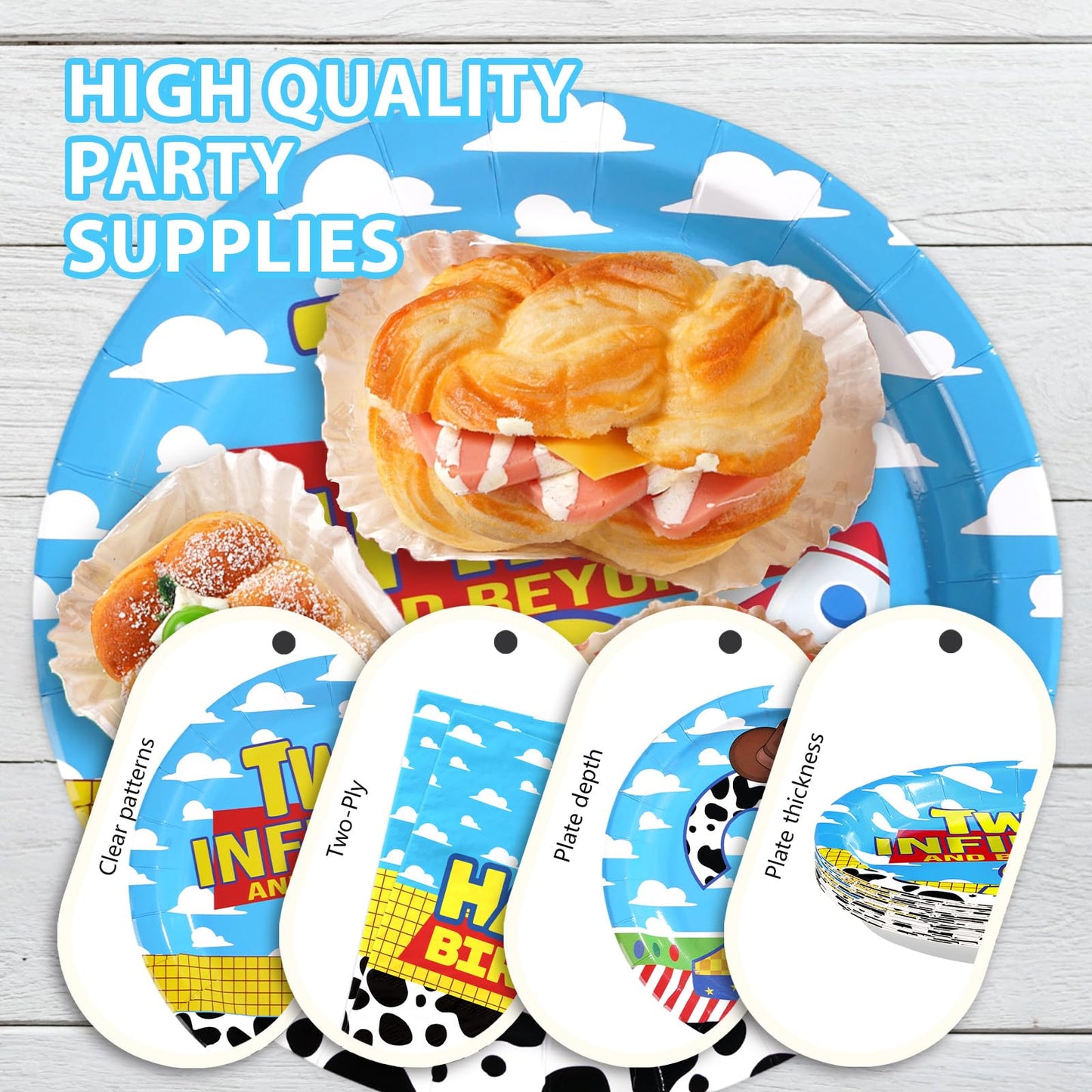 Greencian 96 Pcs Toy Cartoon Story 2nd Birthday Party Supplies — Plates & Napkins (Serves 24)