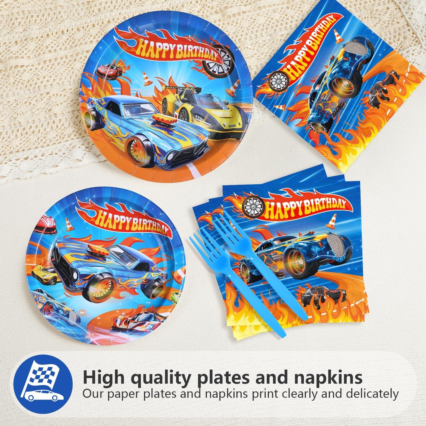 Greencian 200pc Racing Car Party Set – Plates, Napkins & Forks for 50 Guests
