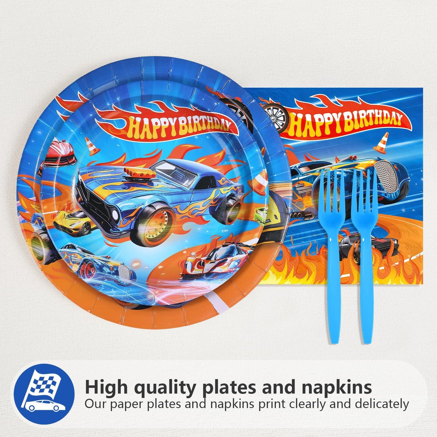 Greencian 200pc Racing Car Party Set – Plates, Napkins & Forks for 50 Guests