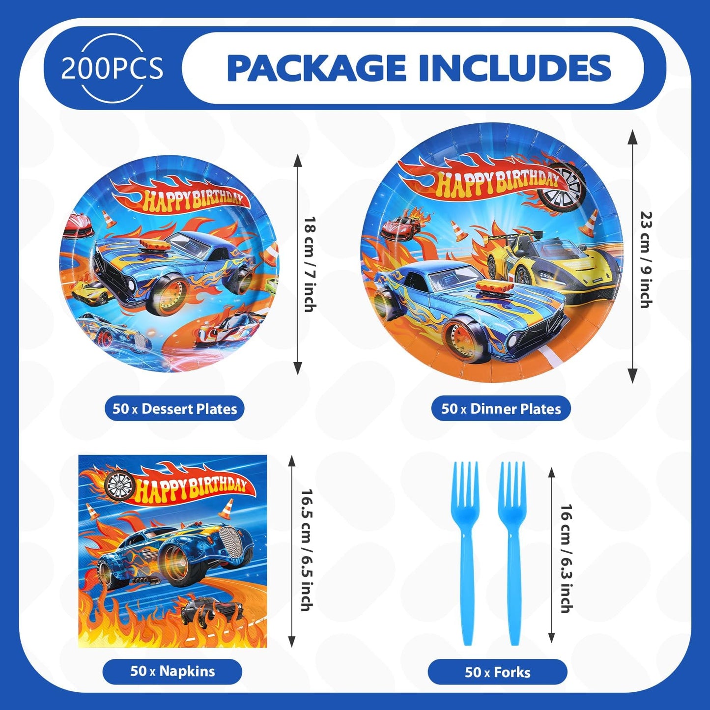Greencian 200pc Racing Car Party Set – Plates, Napkins & Forks for 50 Guests