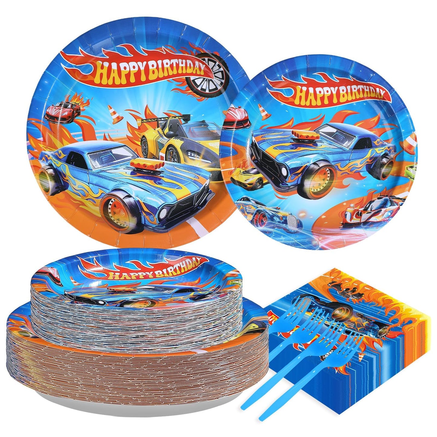 Greencian 200pc Racing Car Party Set – Plates, Napkins & Forks for 50 Guests