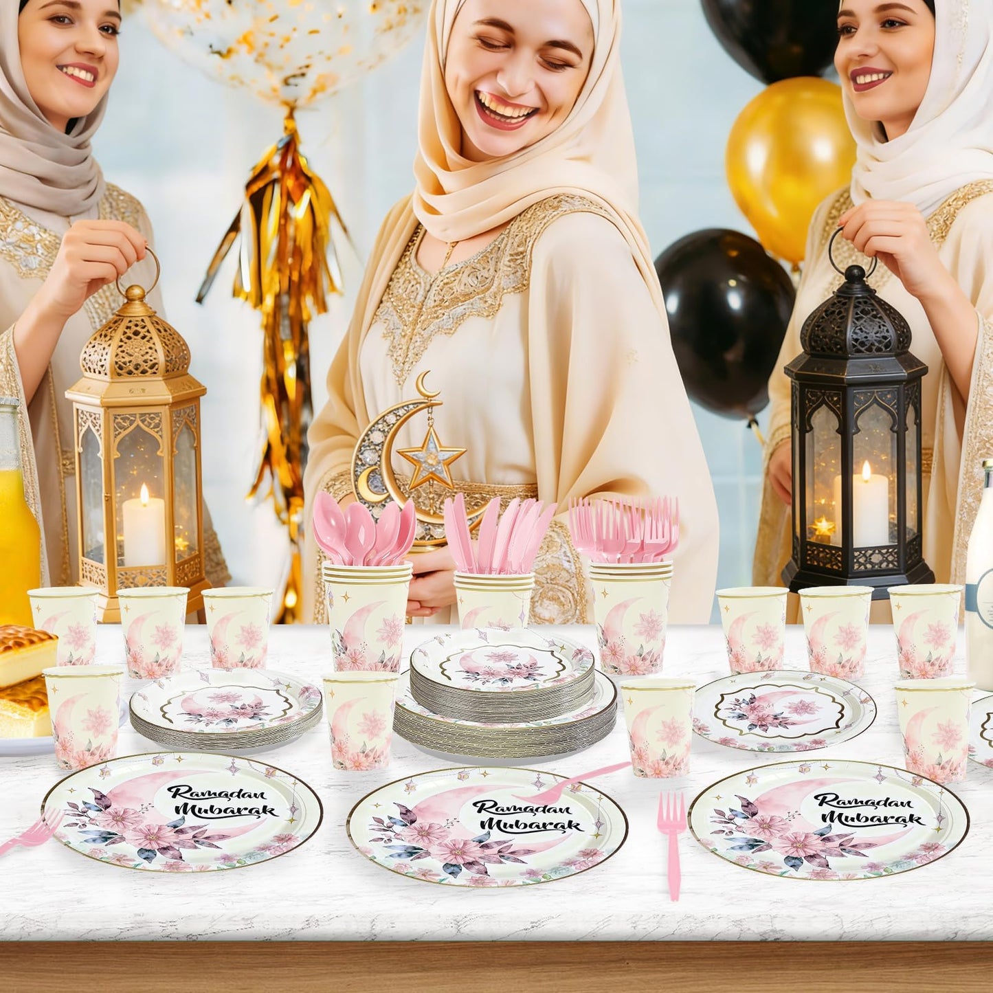 Greencian 168Pcs Ramadan Pink Watercolor Tableware Set — Serves 24