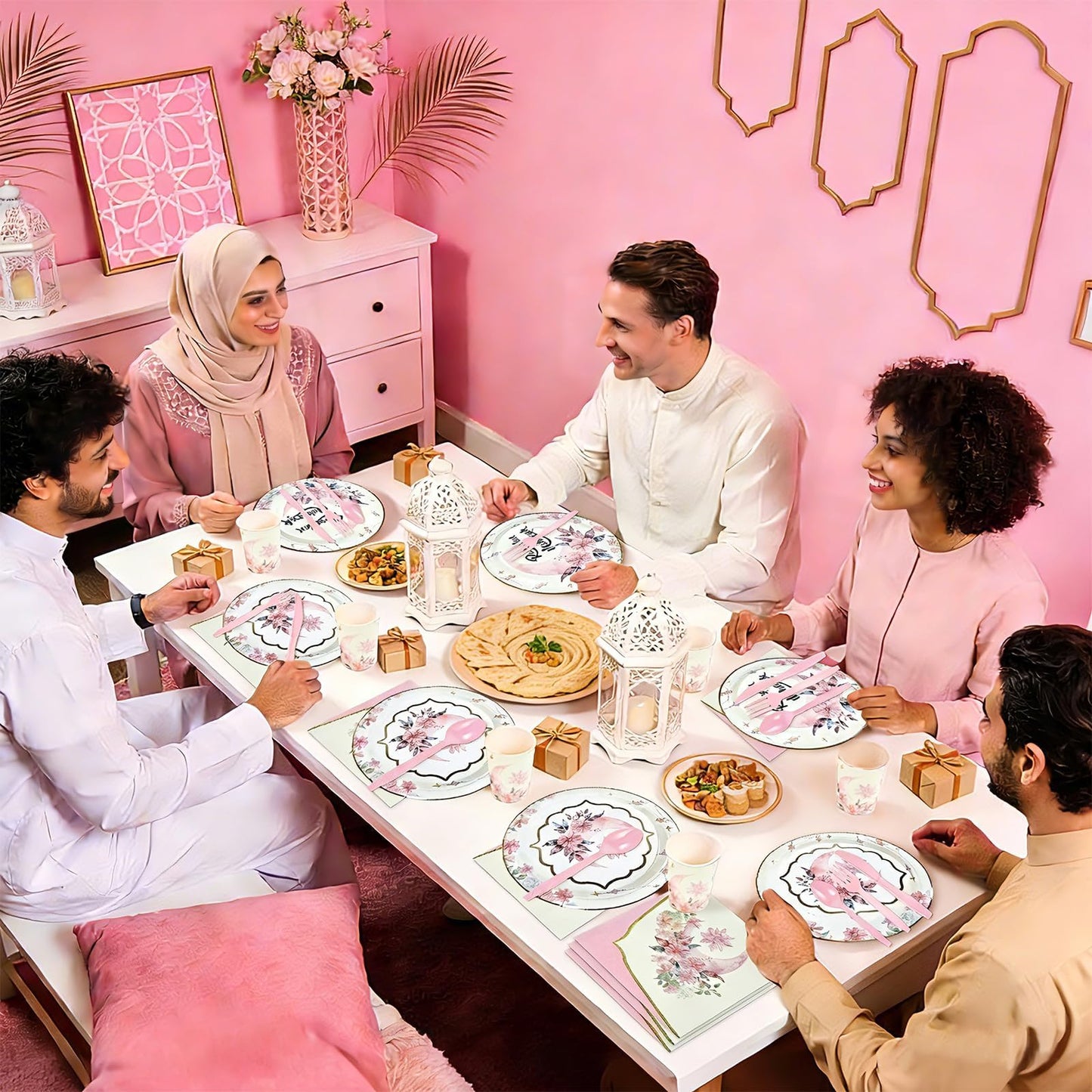 Greencian 168Pcs Ramadan Pink Watercolor Tableware Set — Serves 24