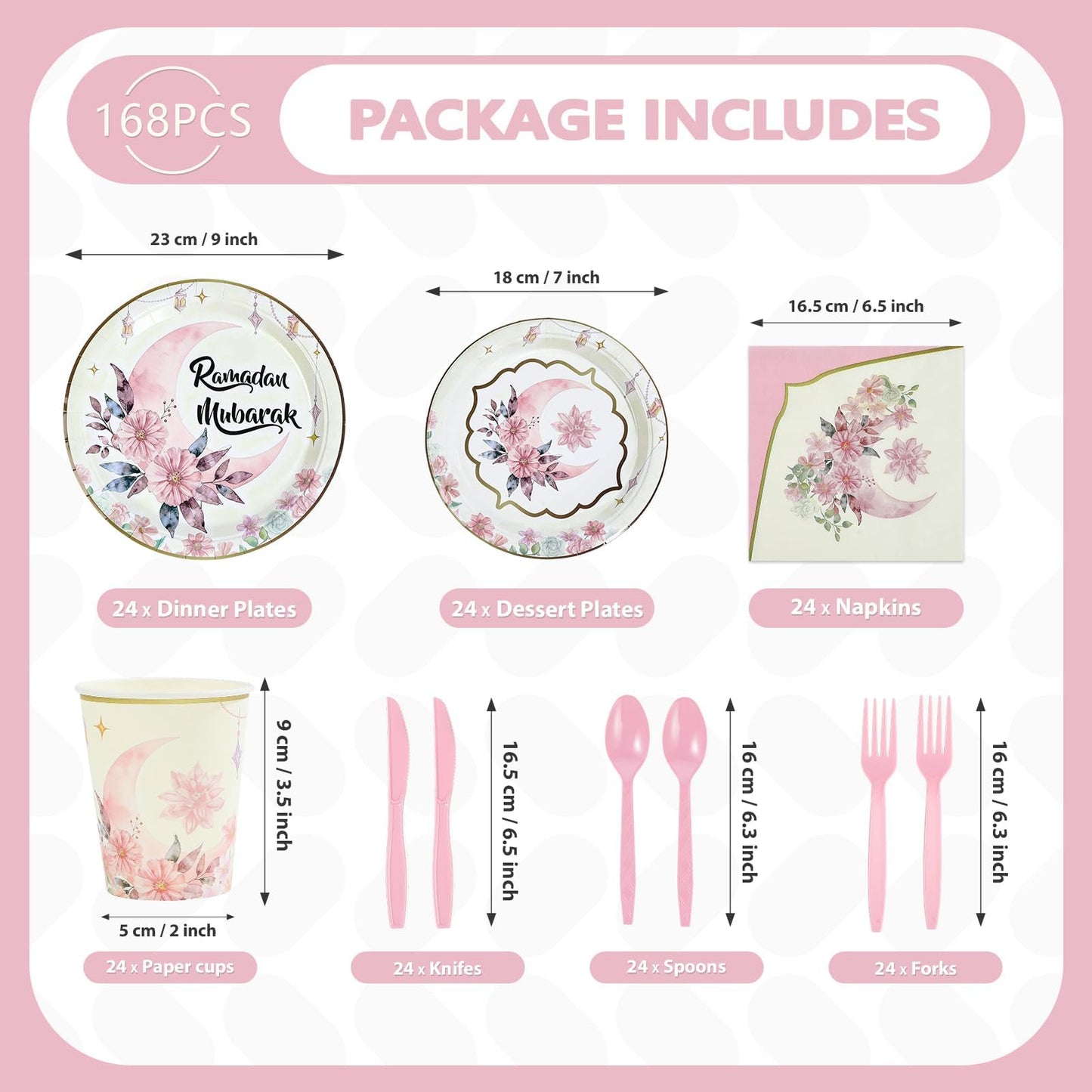 Greencian 168Pcs Ramadan Pink Watercolor Tableware Set — Serves 24